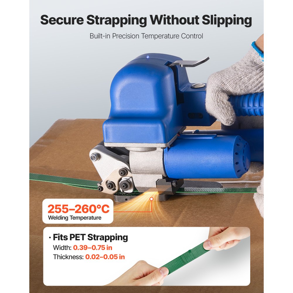 Urządzenie do spinania taśmą VEVOR, akumulator 2 x 4000 mAh, urządzenie do spinania taśmą z wyświetlaczem cyfrowym do taśm PET o szerokości 10–19 mm, urządzenie do pakowania taśmą idealne do fabryk, magazynów i centrów logistycznych