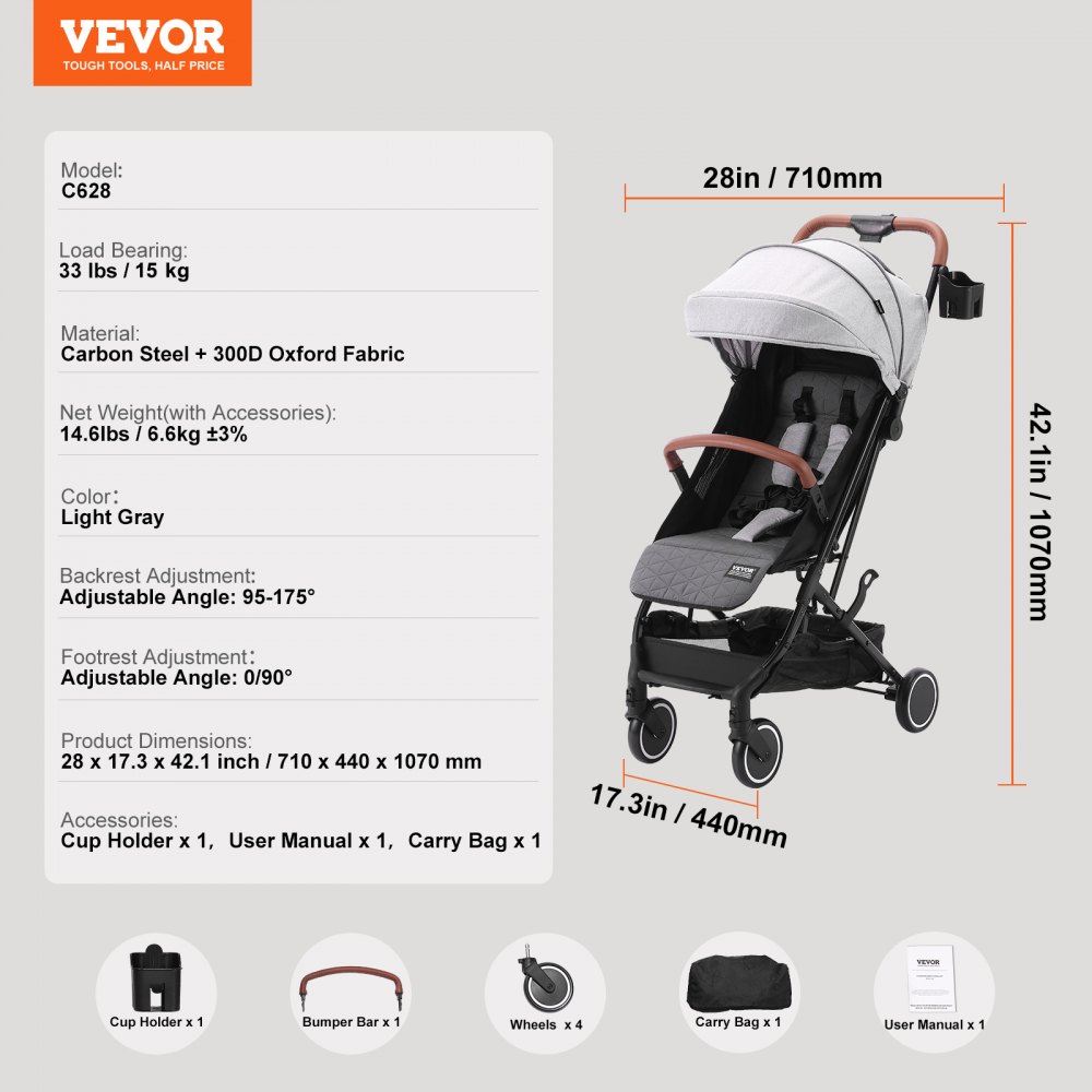 VEVOR Standard Stroller, with 95°-175° adjustable backrest and 0/90° adjustable footrest and one-click folding function, stroller with cup holder and carry bag, light gray