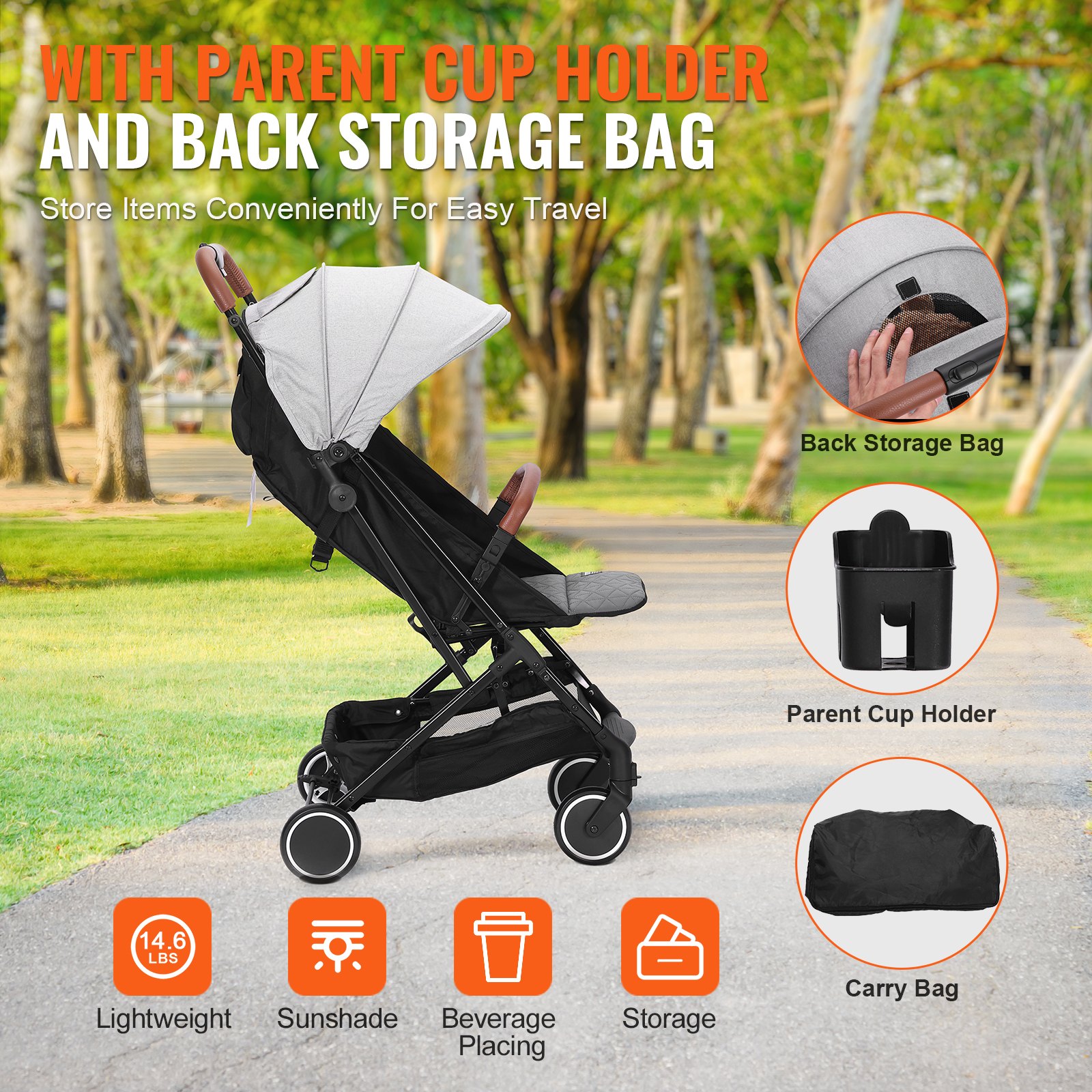 VEVOR Standard Stroller, with 95°-175° adjustable backrest and 0/90° adjustable footrest and one-click folding function, stroller with cup holder and carry bag, light gray