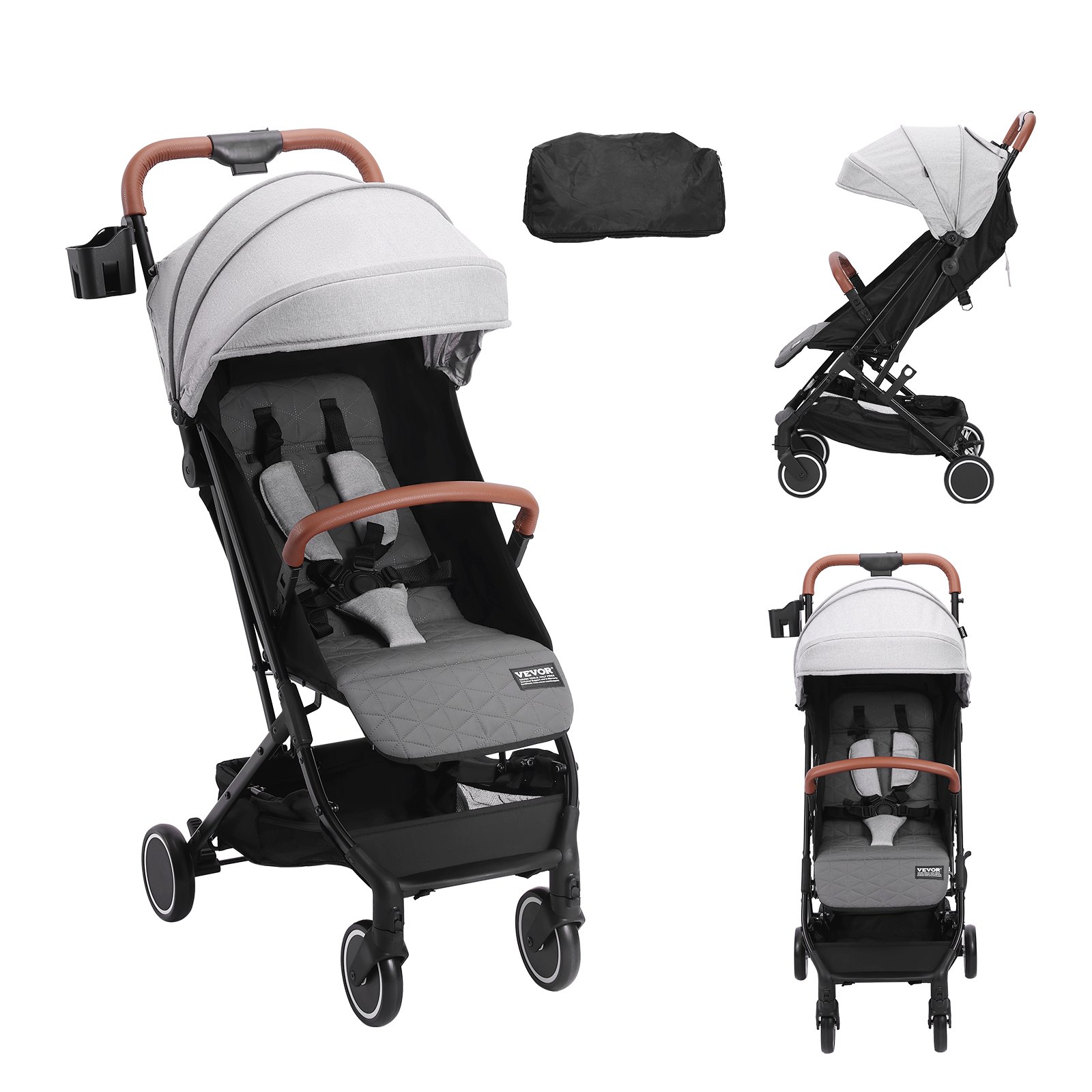 VEVOR Standard Stroller, with 95°-175° adjustable backrest and 0/90° adjustable footrest and one-click folding function, stroller with cup holder and carry bag, light gray