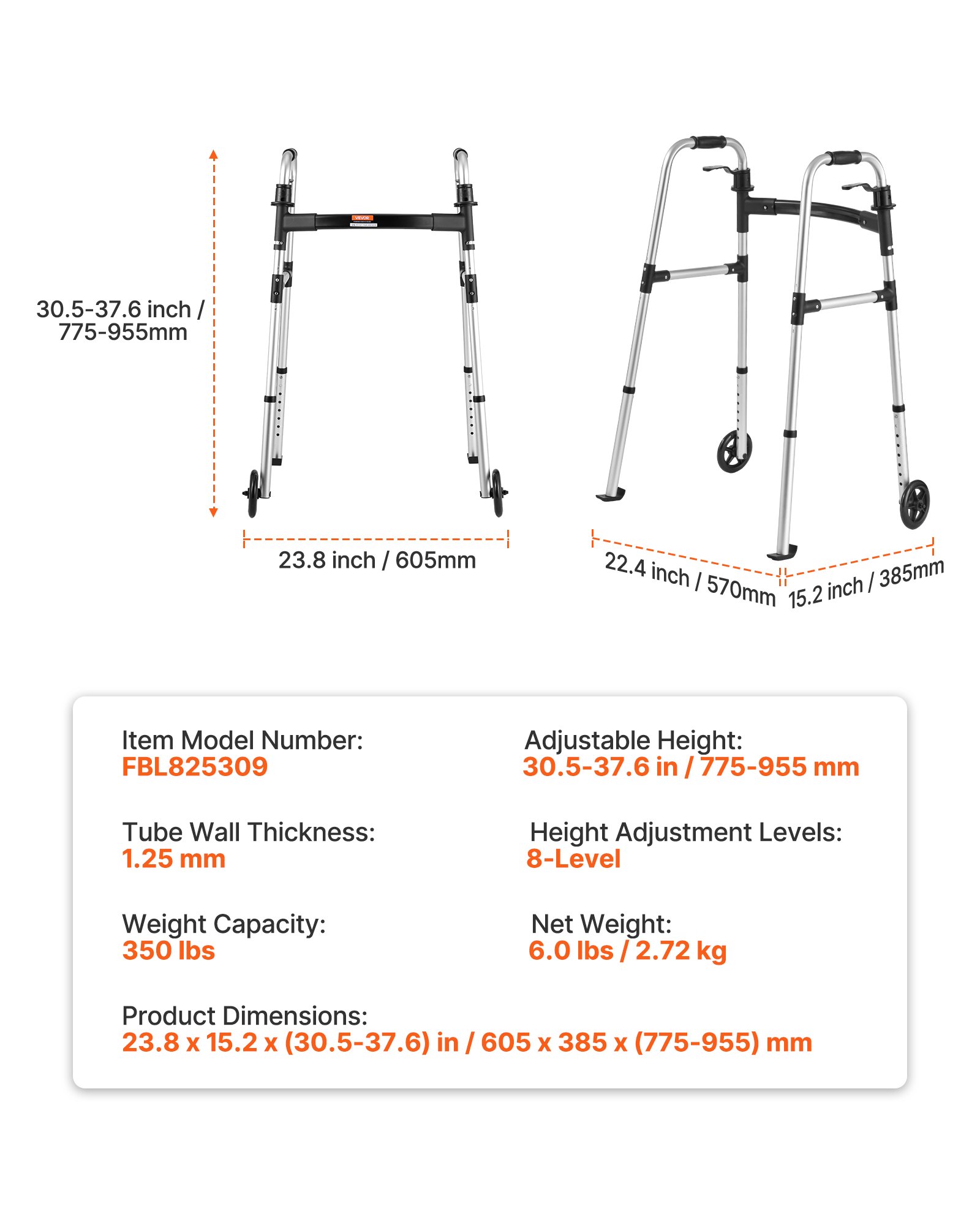 Chodzik VEVOR 158 kg, chodzik z kołami i 8-stopniową regulacją wysokości, lekka aluminiowa rama, chodzik z przednimi kołami dla seniorów i dorosłych, chodzik 605 x 385 x 755-955 mm