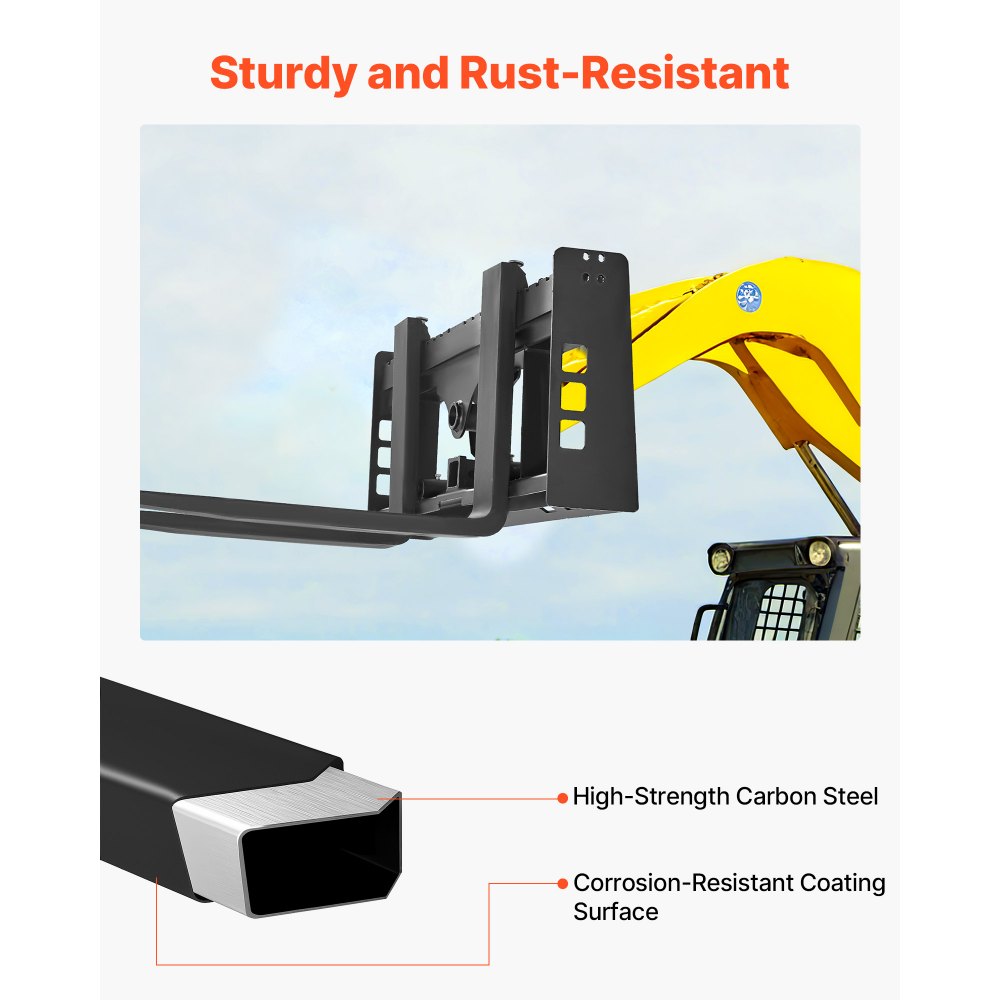 VEVOR Skid Steer Pallet Frame, 1814 kg Rated Load Capacity, 115 cm Pallet Fork Frame Attachments with 50.8 mm Hitch Receiver & Spear Sleeves, Fit for Loaders Tractors Quick Attach Mount, Frame Only