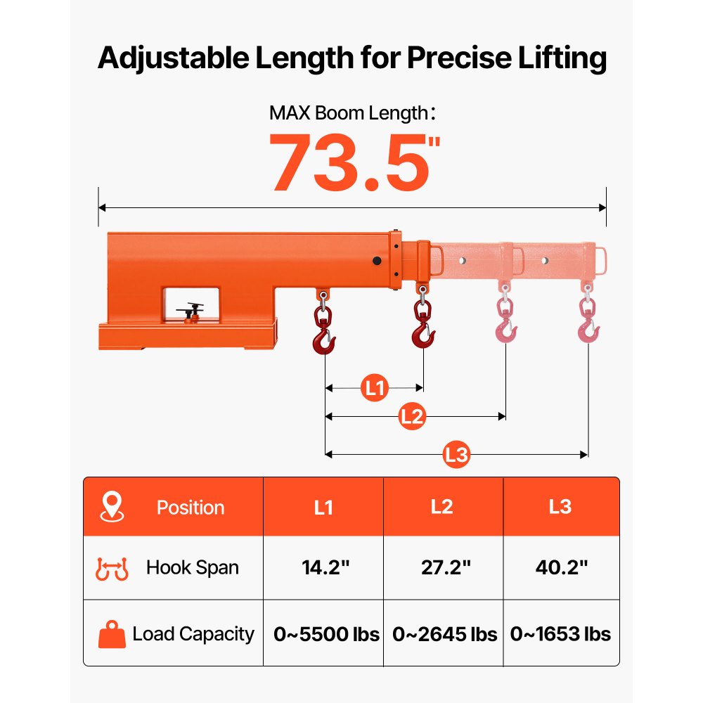 VEVOR Forklift Jib Boom Crane, 2495 kg Capacity, Forklift Mobile Crane Lifting Hoist with 2 Hooks, Manual Telescopic 1200-1867 mm, Boom Attachment Towing Handling Equipment for Warehouse & Factories