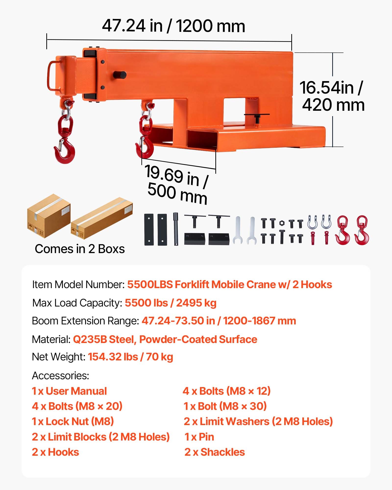 VEVOR Forklift Jib Boom Crane, 2495 kg Capacity, Forklift Mobile Crane Lifting Hoist with 2 Hooks, Manual Telescopic 1200-1867 mm, Boom Attachment Towing Handling Equipment for Warehouse & Factories