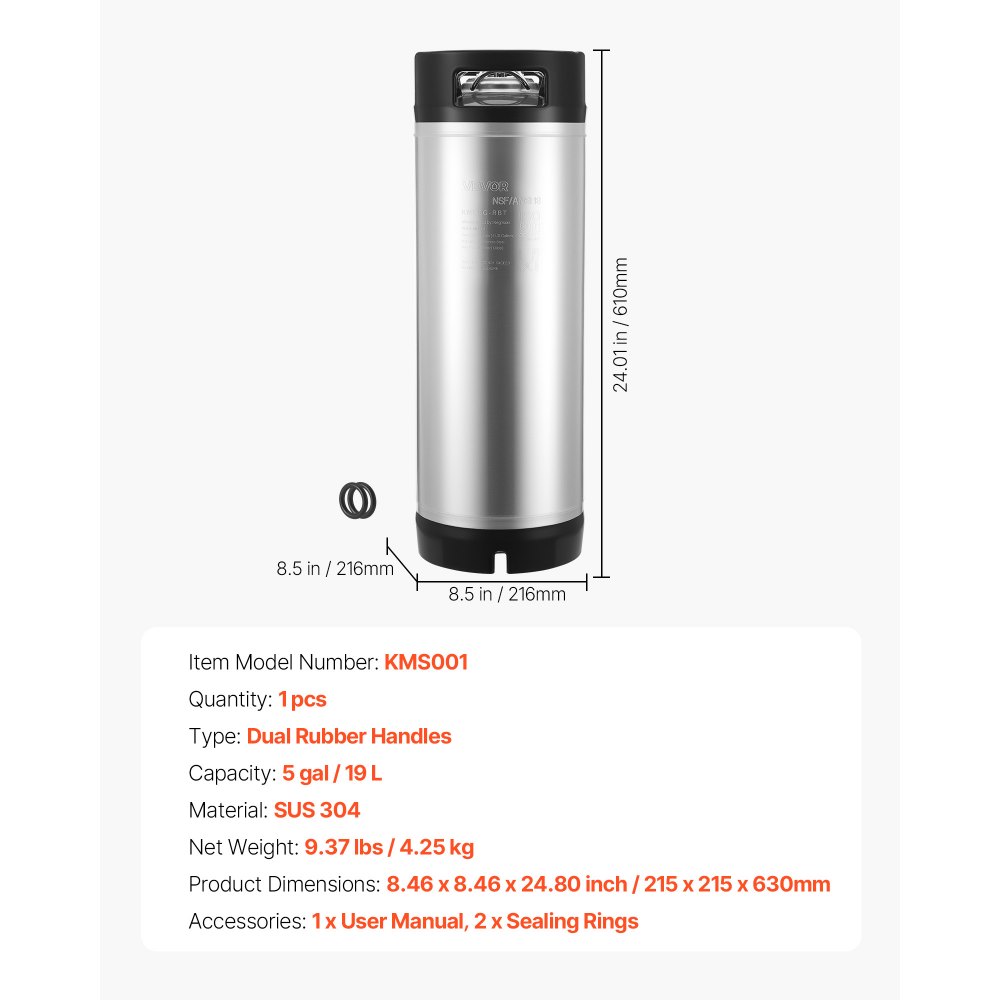 VEVOR Corny Keg Ball Lock Keg 19 L, beczka ze stali SUS304 do zimnego parzenia z dwoma gumowymi uchwytami i wytrzymałym gumowym dnem, sprzęt do domowego warzenia piwa, na imprezy, do baru, bistro, restauracji, kawiarni, 1 opakowanie.