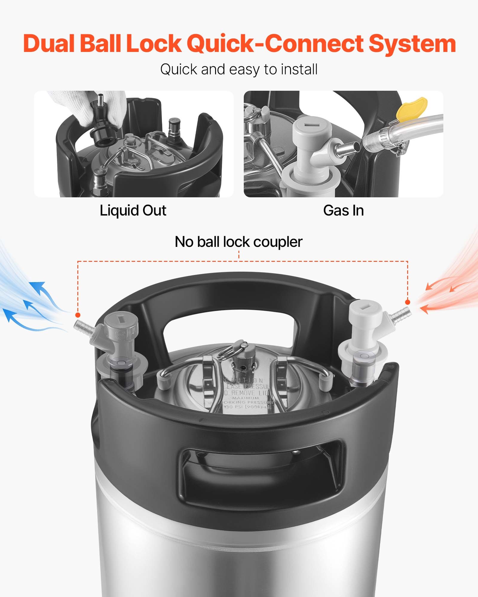 VEVOR Corny Keg Ball Lock Keg 19 L, beczka ze stali SUS304 do zimnego parzenia z dwoma gumowymi uchwytami i wytrzymałym gumowym dnem, sprzęt do domowego warzenia piwa, na imprezy, do baru, bistro, restauracji, kawiarni, 1 opakowanie.