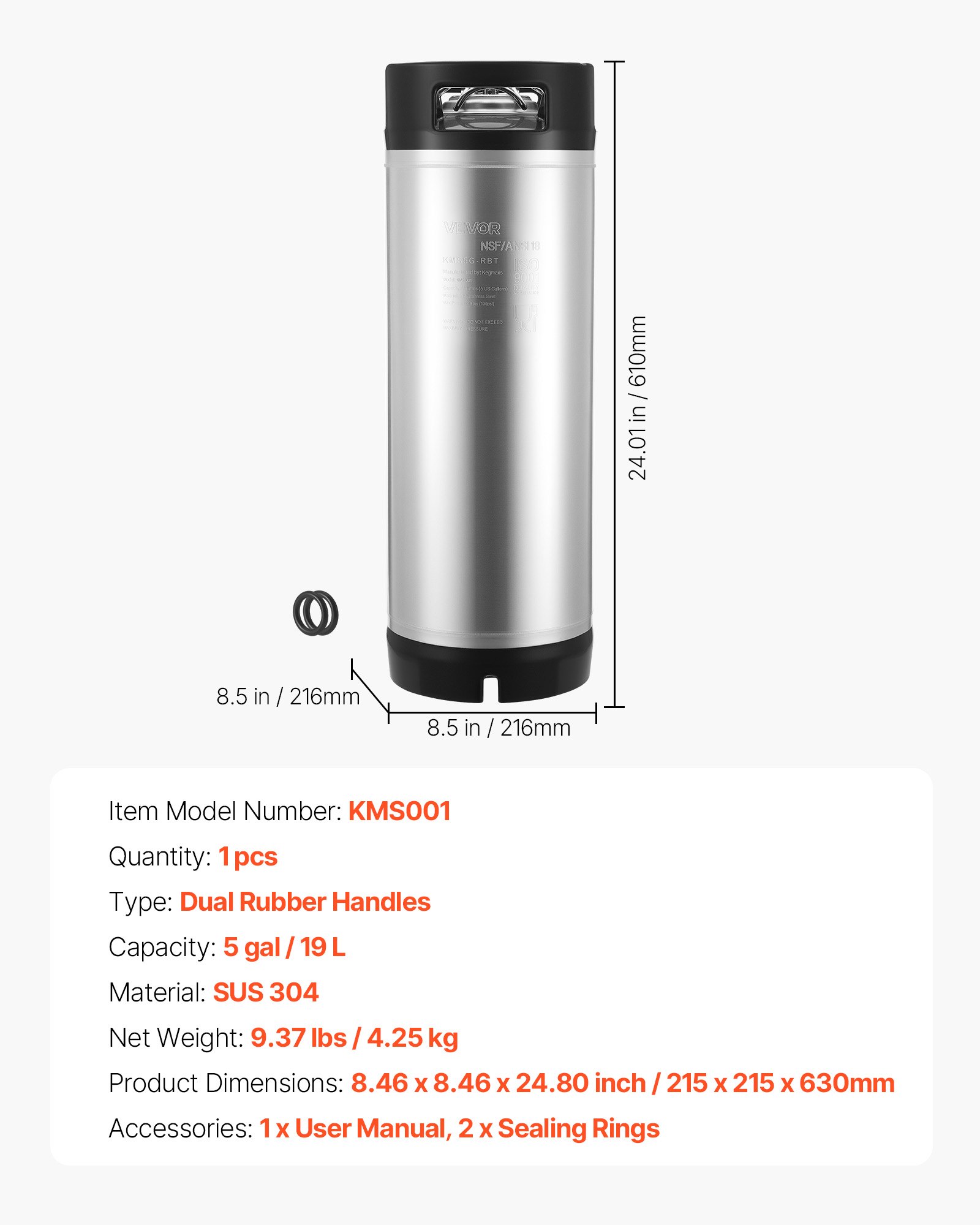 VEVOR Corny Keg Ball Lock Keg 19 L, beczka ze stali SUS304 do zimnego parzenia z dwoma gumowymi uchwytami i wytrzymałym gumowym dnem, sprzęt do domowego warzenia piwa, na imprezy, do baru, bistro, restauracji, kawiarni, 1 opakowanie.