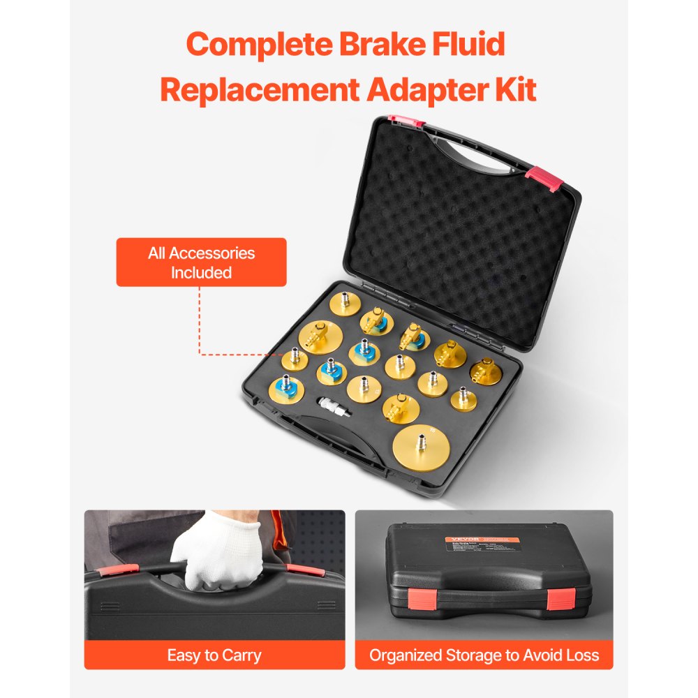 VEVOR Brake Master Bleeder Kit 17-piece professional brake bleeder adapter set with complete set and handle, durable brake bleeder adapter for filling brake fluid