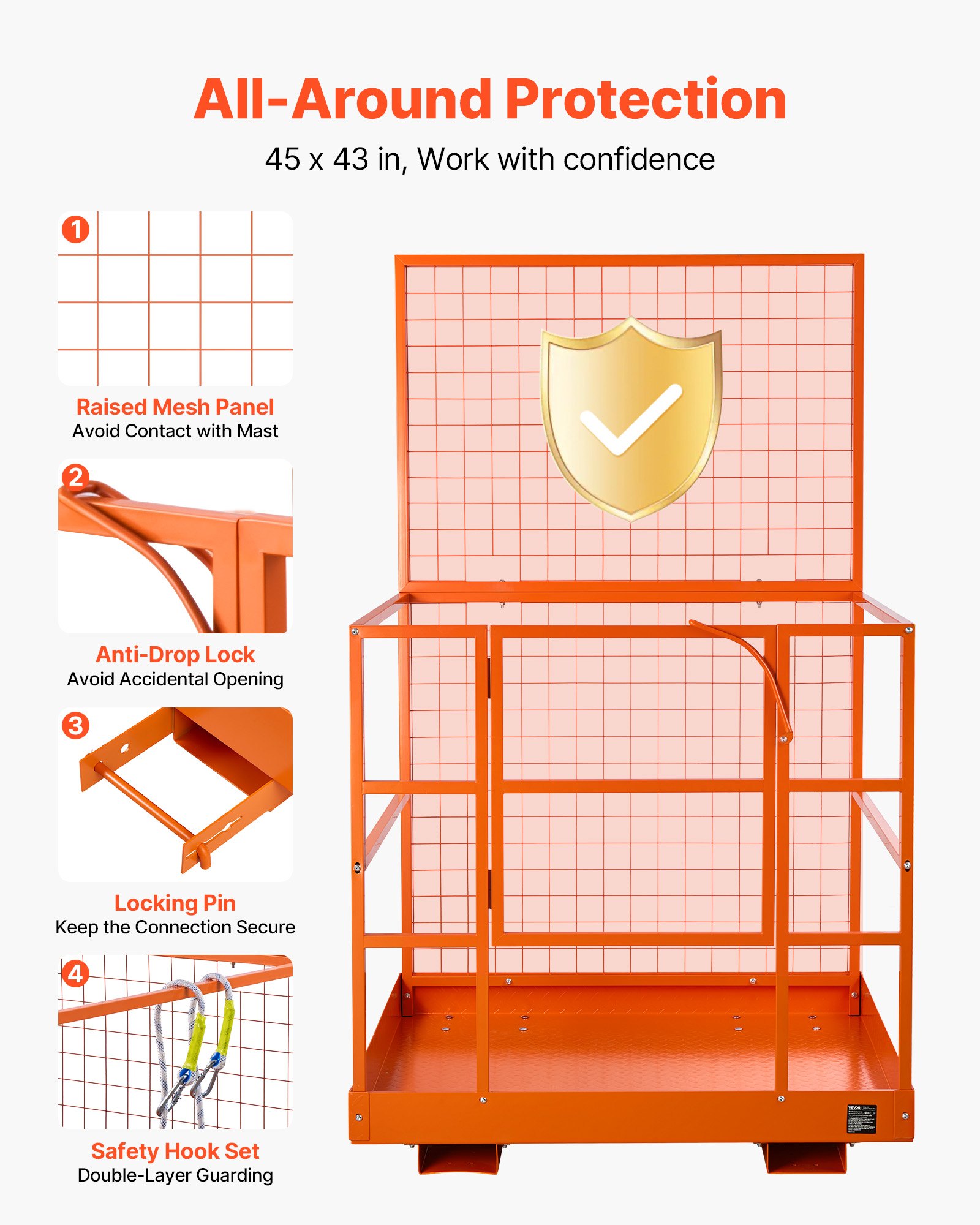 Platforma do wózka widłowego VEVOR 1225x1148 mm, kosz roboczy o dużej wytrzymałości 635,03 kg, platforma robocza z kieszeniami na widły 155x60 mm, sworzeń blokujący i pas bezpieczeństwa, platforma robocza do wózka widłowego do pracy na wysokości