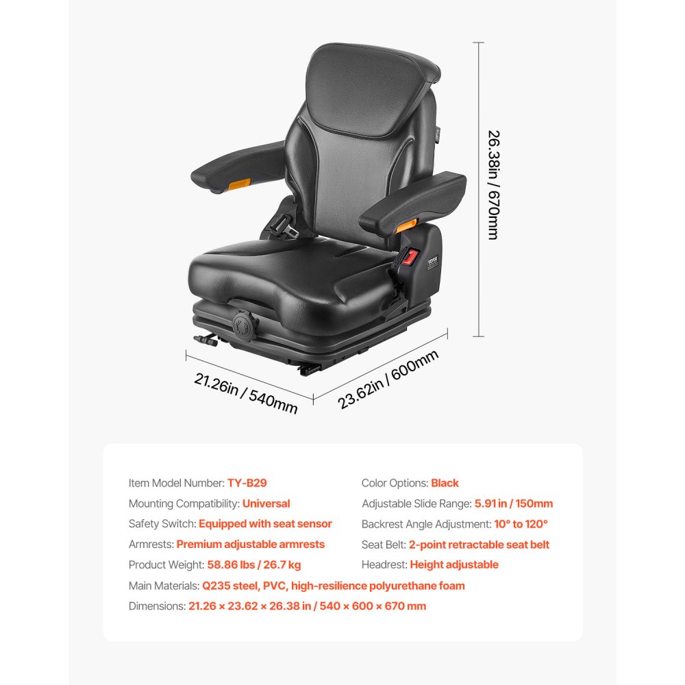 VEVOR Universal Forklift Seat 540x600x670 mm, Spring-Loaded Tractor Seat, Towing Seat, Forklift Seat, Safe Folding Seat, Lawn Mower Seat for Compact Loaders, Bulldozers