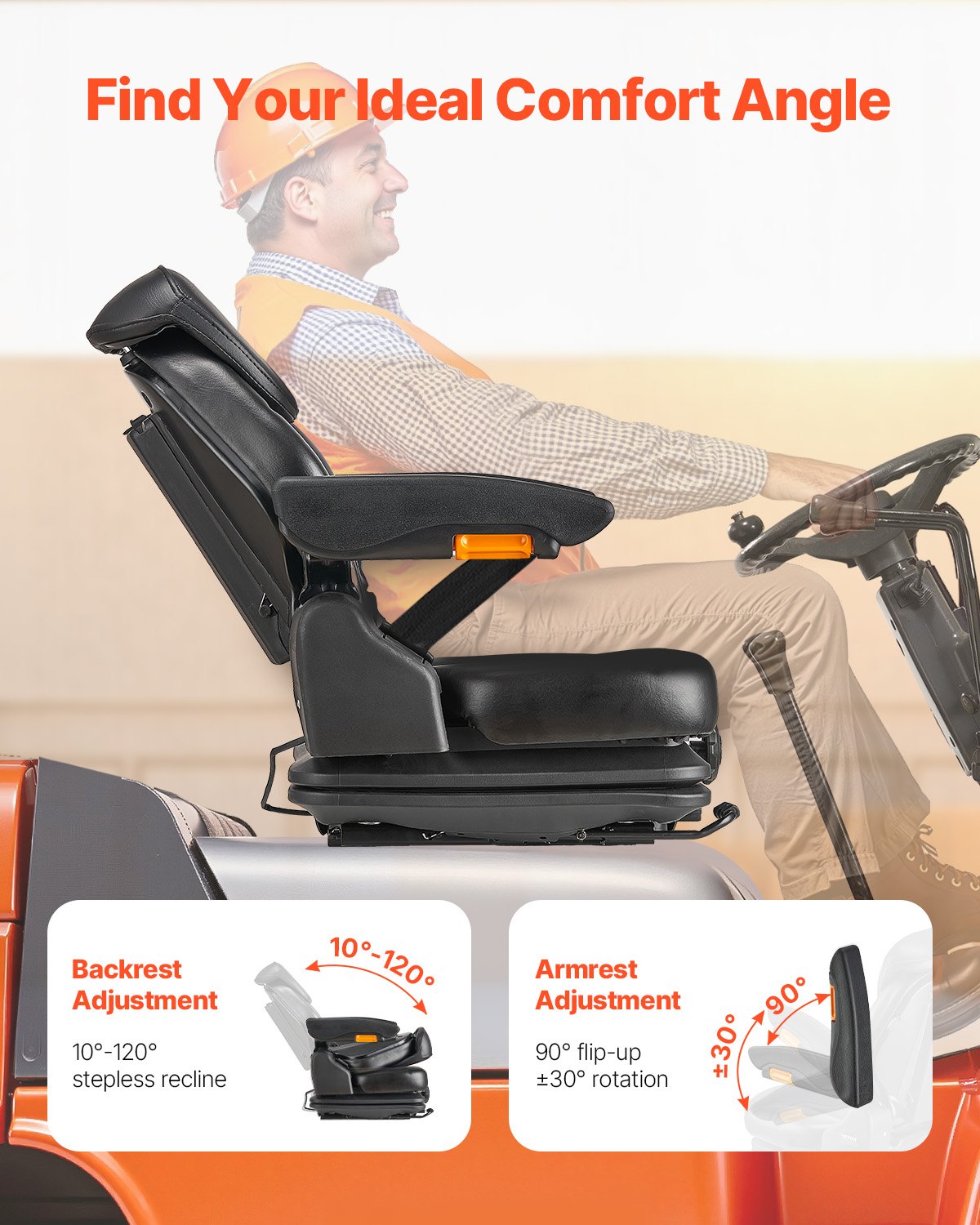VEVOR Universal Forklift Seat 540x600x670 mm, Spring-Loaded Tractor Seat, Towing Seat, Forklift Seat, Safe Folding Seat, Lawn Mower Seat for Compact Loaders, Bulldozers