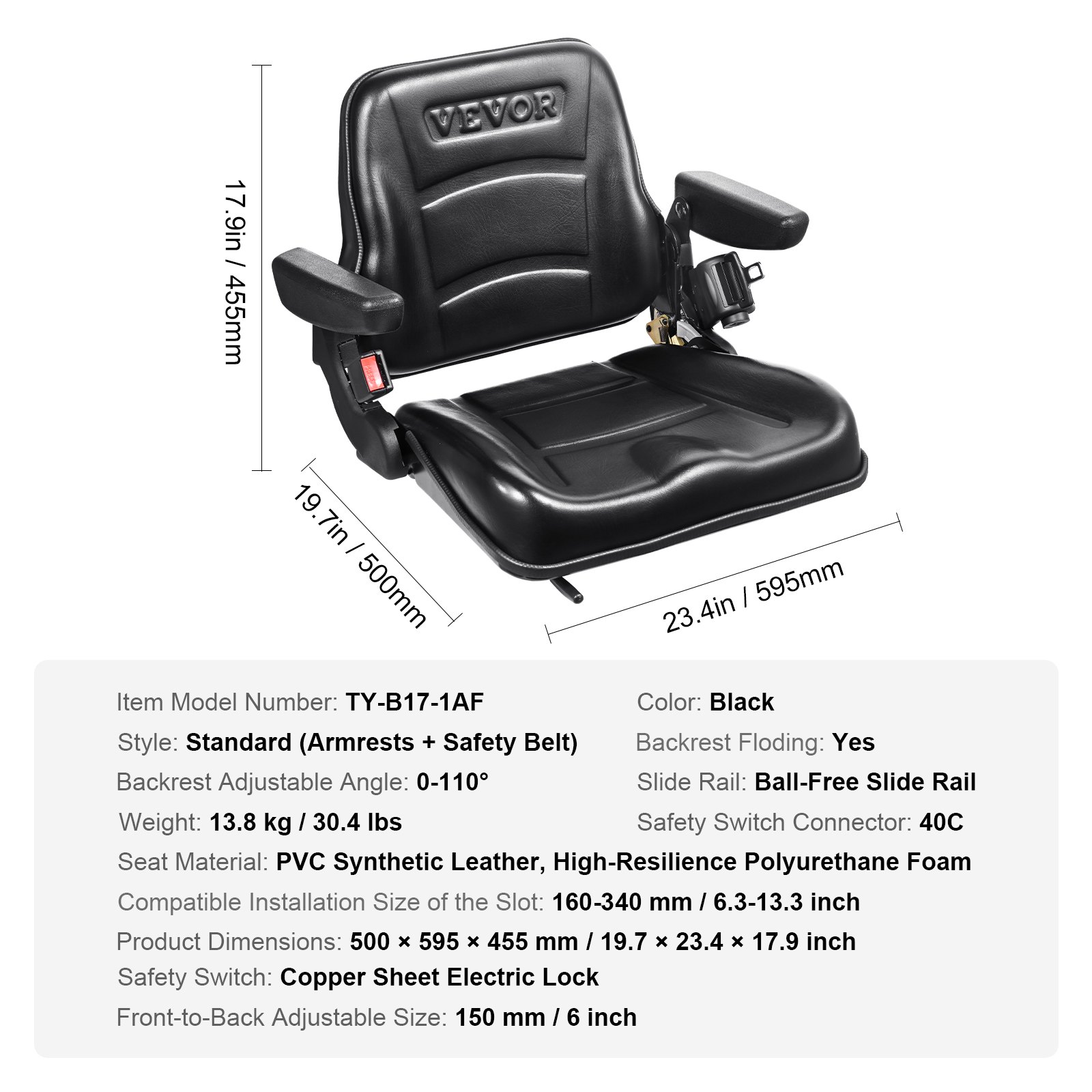 VEVOR Universal Tractor Seat made of PVC synthetic leather and polyurethane foam. Tractor seat with adjustable backrest and micro safety switch. Driver's seat with armrests and seat belt.