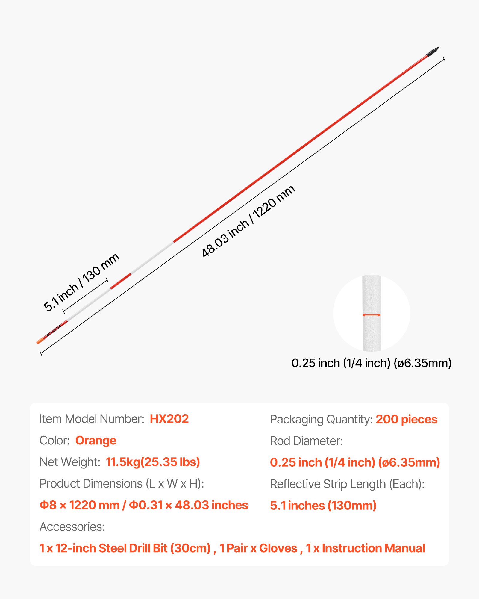 Słupki śnieżne VEVOR, opakowanie 200 szt., długość 122 cm, średnica 6,35 mm, słupki do podjazdu z 30 cm stalowymi końcówkami, odblaskowe znaczniki podjazdu, słupki z włókna szklanego do parkingów, chodników, odśnieżania