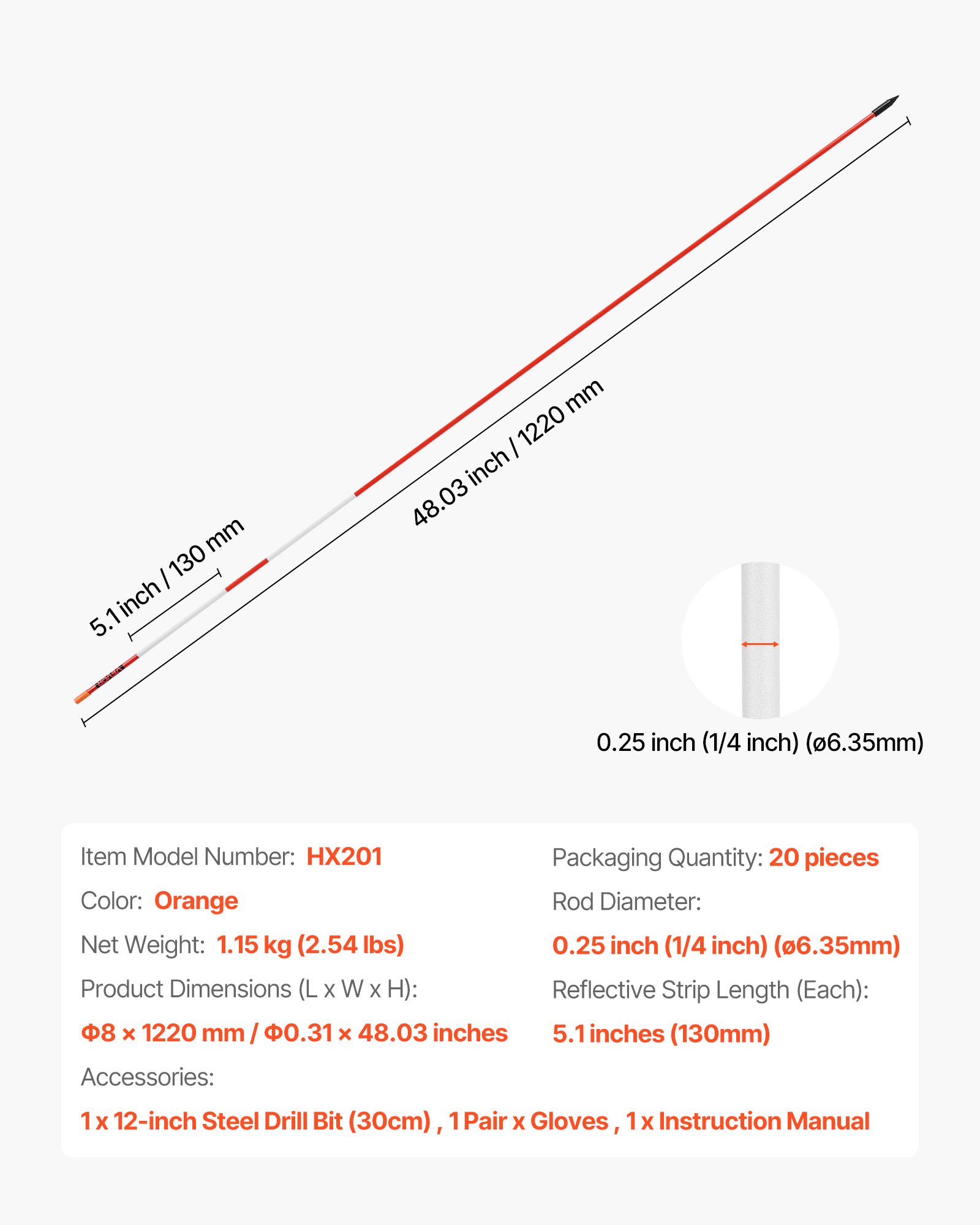 Słupki śnieżne VEVOR, opakowanie 20 szt., długość 122 cm, średnica 6,35 mm, słupki do podjazdu z 30 cm stalowymi końcówkami, odblaskowe znaczniki podjazdu, słupki z włókna szklanego do parkingów, chodników, odśnieżania
