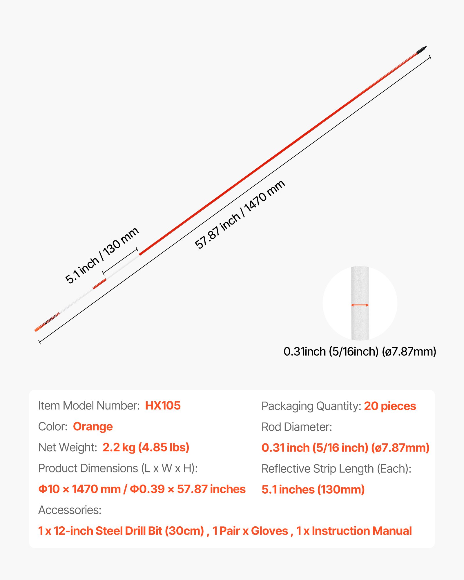 Słupki śnieżne VEVOR, opakowanie 20 szt., długość 147 cm, średnica 7,87 mm, słupki do podjazdu z 30 cm stalowymi końcówkami, odblaskowe znaczniki podjazdu, słupki z włókna szklanego do parkingów, chodników, odśnieżania
