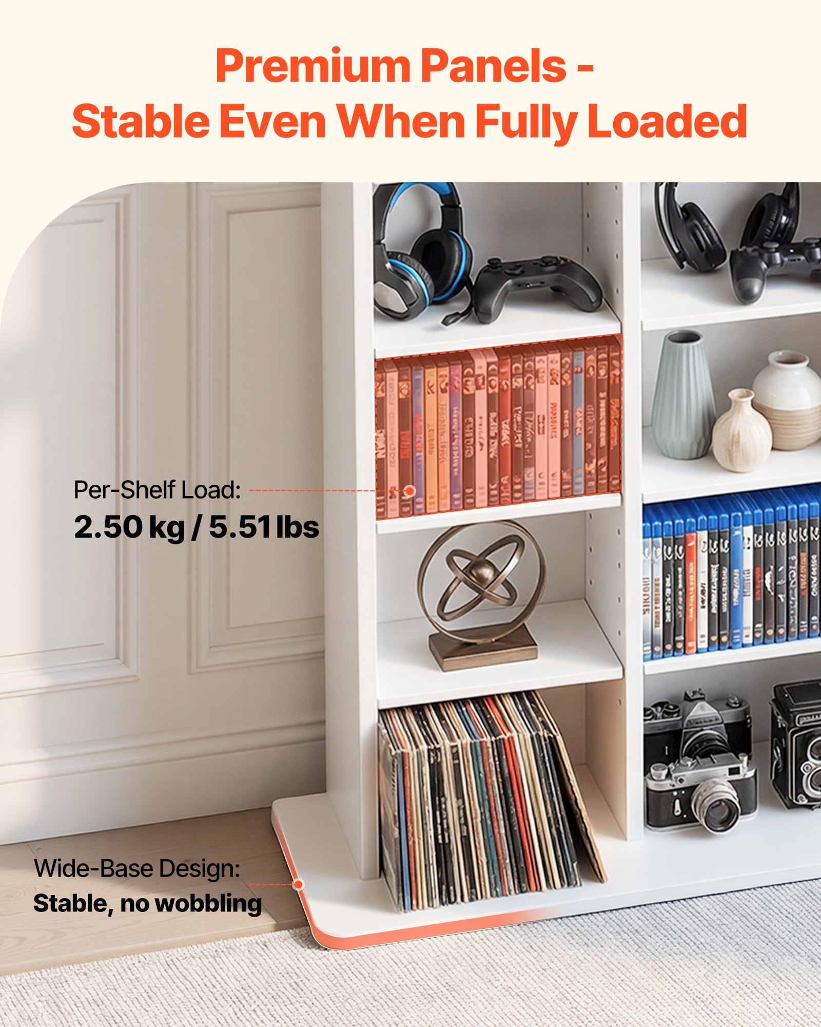 Półka na płyty CD VEVOR, 8-poziomowa, 559 x 222 x 1295 mm, Przechowywanie multimediów na płyty CD, DVD, książki i gry, Szafka dzieląca pomieszczenie z 16 przegródkami do salonu, biura domowego, pokoju nagraniowego, biała
