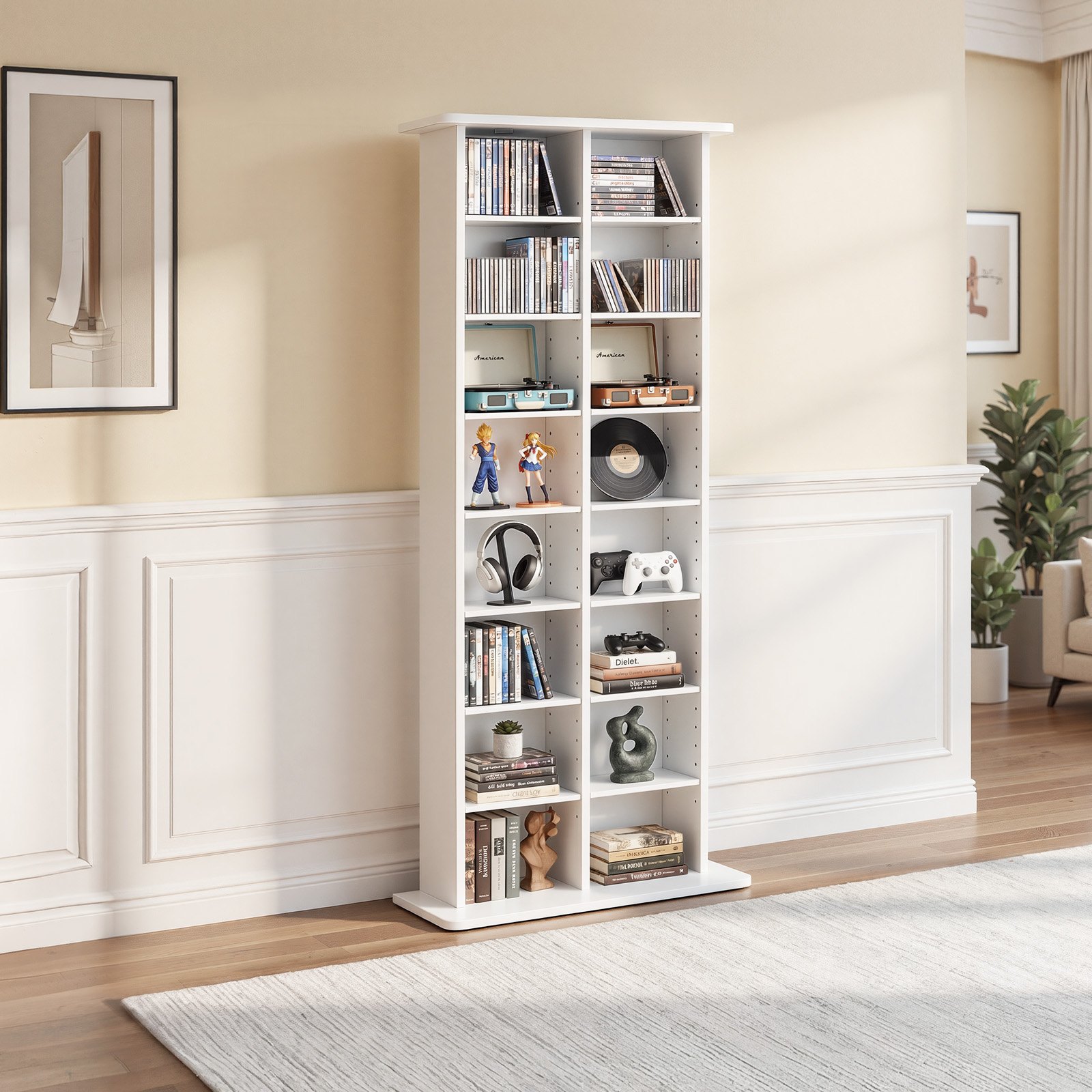 Półka na płyty CD VEVOR, 8-poziomowa, 559 x 222 x 1295 mm, Przechowywanie multimediów na płyty CD, DVD, książki i gry, Szafka dzieląca pomieszczenie z 16 przegródkami do salonu, biura domowego, pokoju nagraniowego, biała