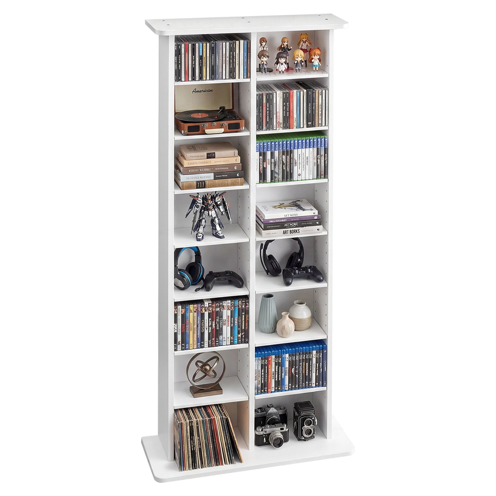 Półka na płyty CD VEVOR, 8-poziomowa, 559 x 222 x 1295 mm, Przechowywanie multimediów na płyty CD, DVD, książki i gry, Szafka dzieląca pomieszczenie z 16 przegródkami do salonu, biura domowego, pokoju nagraniowego, biała