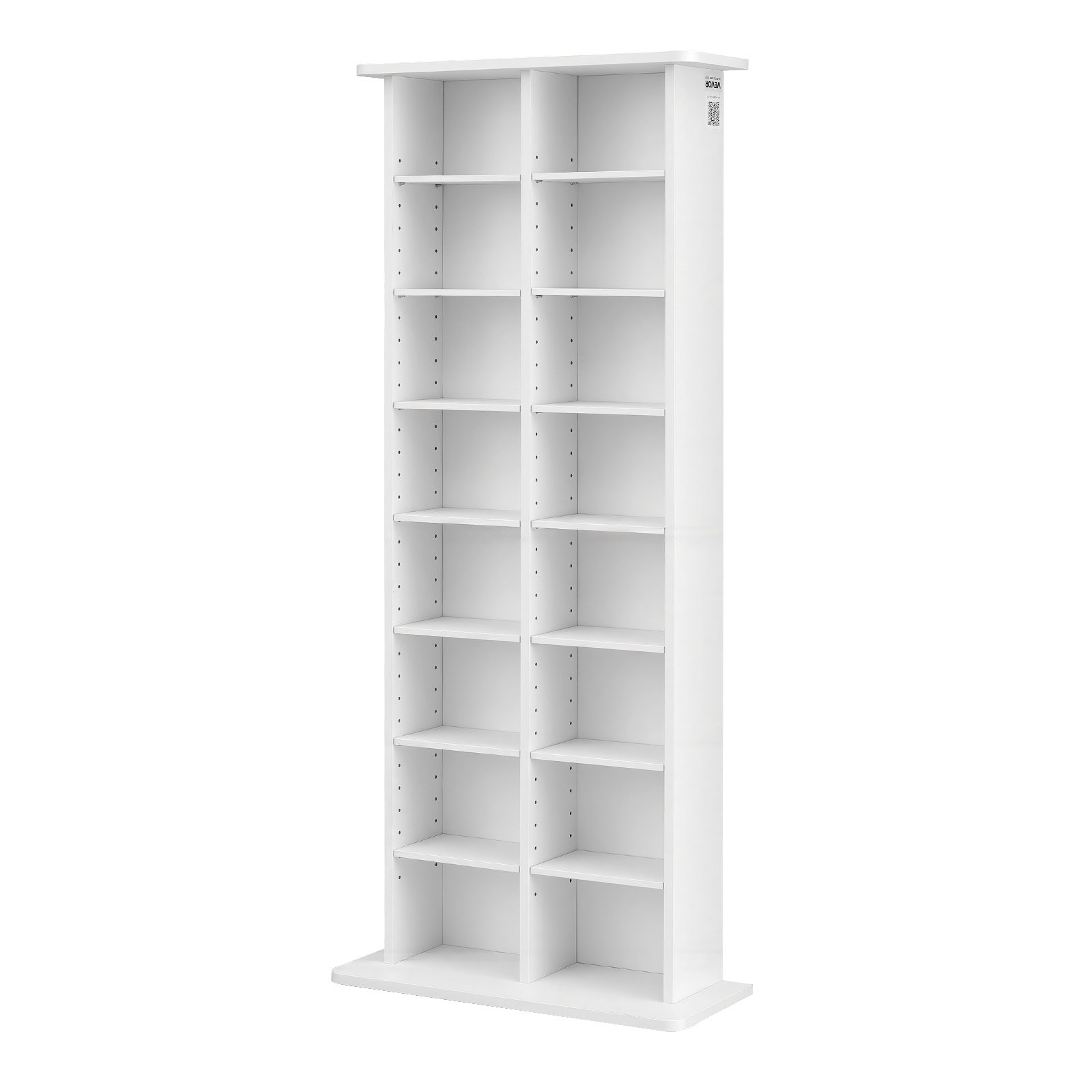 Półka na płyty CD VEVOR, 8-poziomowa, 559 x 222 x 1295 mm, Przechowywanie multimediów na płyty CD, DVD, książki i gry, Szafka dzieląca pomieszczenie z 16 przegródkami do salonu, biura domowego, pokoju nagraniowego, biała