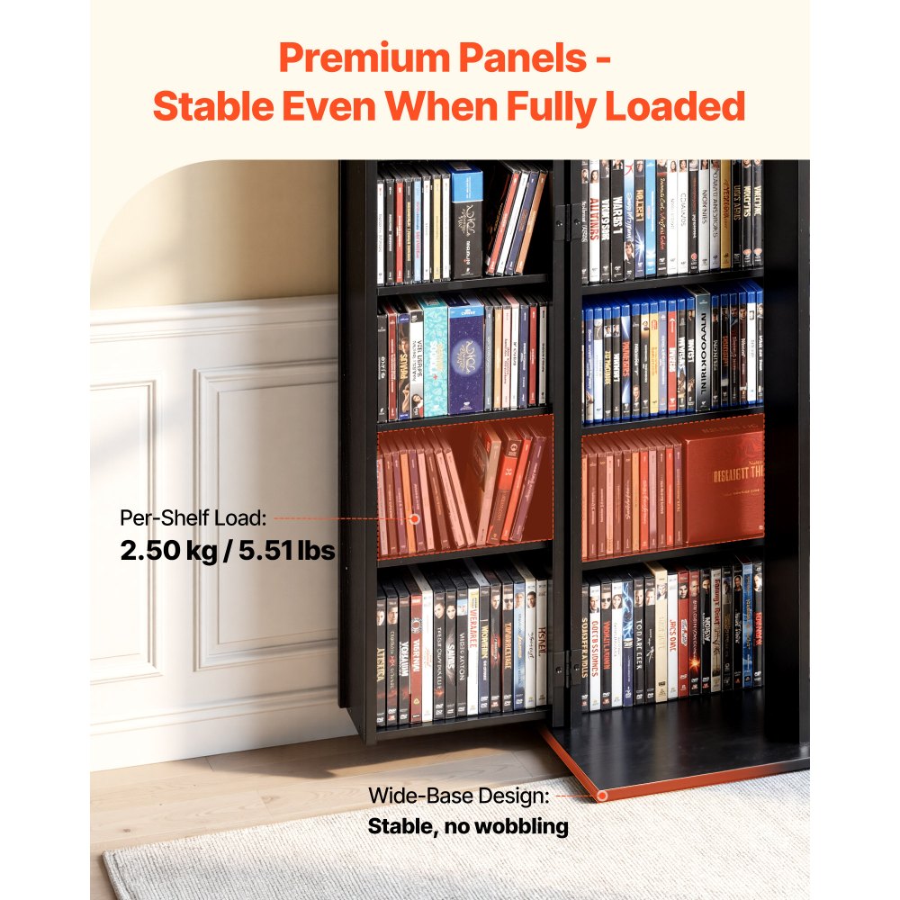 Szafka na płyty DVD VEVOR z 24 przegródkami, wolnostojąca, 610 x 368 x 1270 mm, oszczędzająca miejsce szafka na płyty CD, DVD, książki, płyty z grami, salon, biuro domowe, studio nagrań, kolor czarny