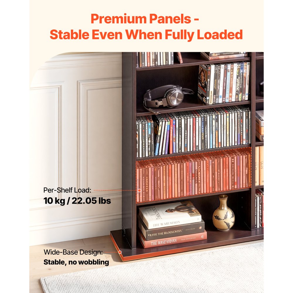 Półka na DVD VEVOR z 24 przegródkami (8 poziomów), półka na multimedia, wolnostojąca półka 142 x 22 x 130 cm, oszczędzająca miejsce półka do przechowywania płyt CD, DVD, książek, płyt z grami, regał na książki do salonu/biura domowego, brązowa