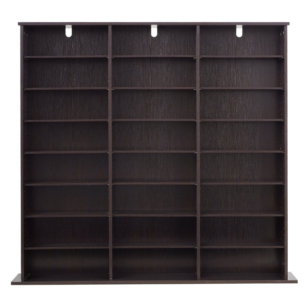 Półka na DVD VEVOR z 24 przegródkami (8 poziomów), półka na multimedia, wolnostojąca półka 142 x 22 x 130 cm, oszczędzająca miejsce półka do przechowywania płyt CD, DVD, książek, płyt z grami, regał na książki do salonu/biura domowego, brązowa