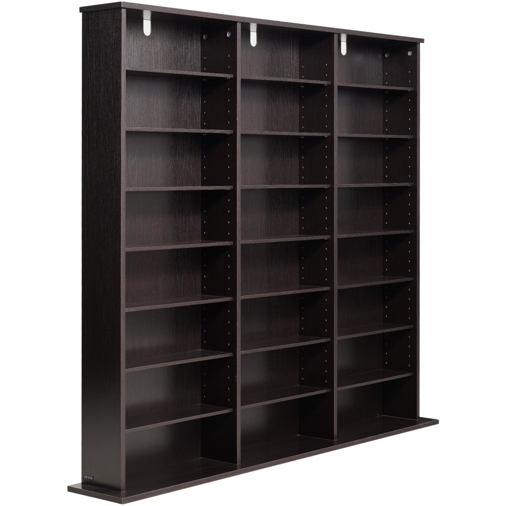 Półka na DVD VEVOR z 24 przegródkami (8 poziomów), półka na multimedia, wolnostojąca półka 142 x 22 x 130 cm, oszczędzająca miejsce półka do przechowywania płyt CD, DVD, książek, płyt z grami, regał na książki do salonu/biura domowego, brązowa