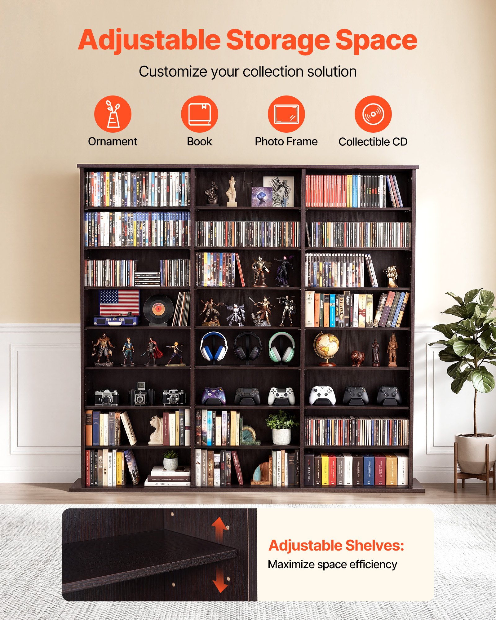 Półka na DVD VEVOR z 24 przegródkami (8 poziomów), półka na multimedia, wolnostojąca półka 142 x 22 x 130 cm, oszczędzająca miejsce półka do przechowywania płyt CD, DVD, książek, płyt z grami, regał na książki do salonu/biura domowego, brązowa