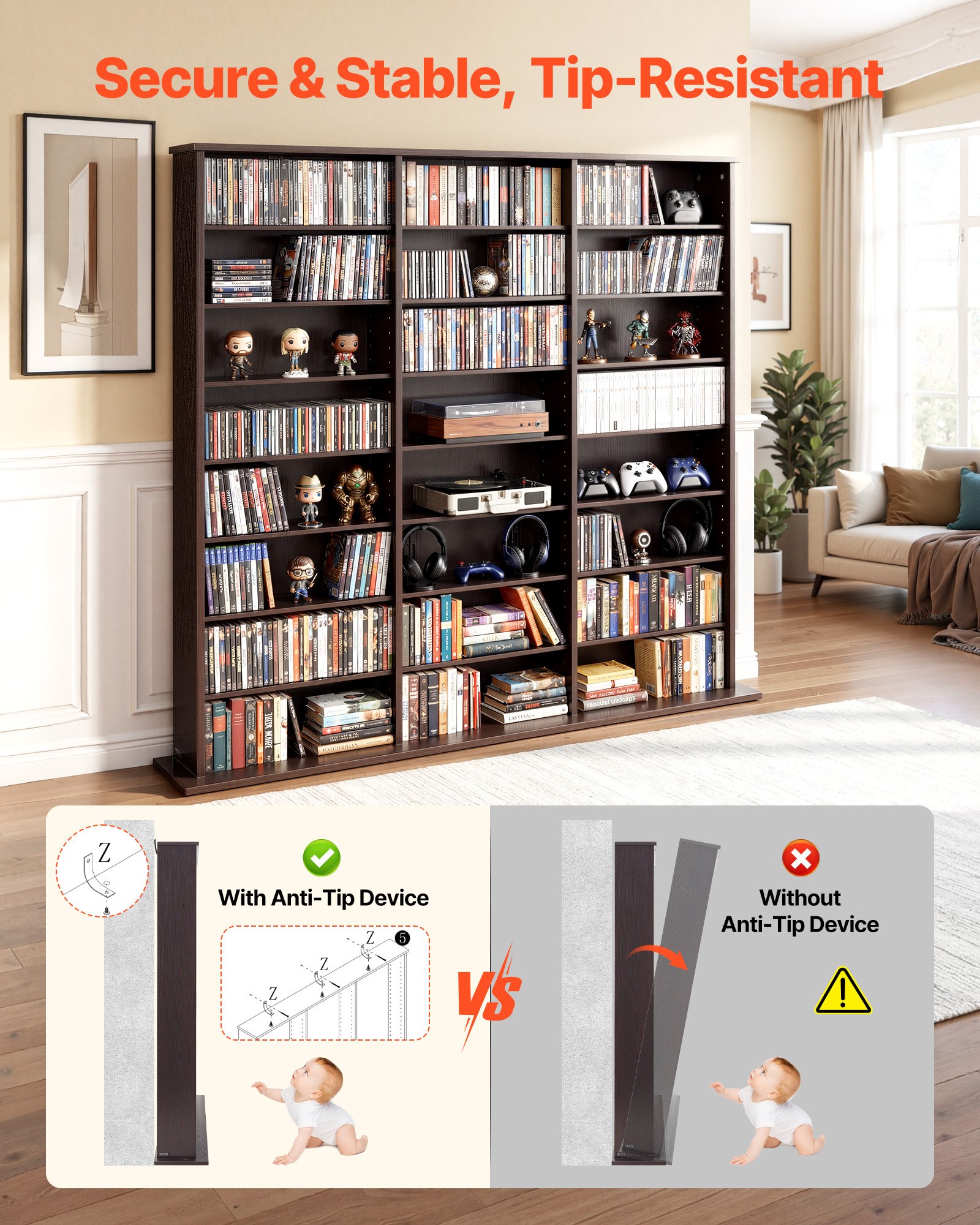 Półka na DVD VEVOR z 24 przegródkami (8 poziomów), półka na multimedia, wolnostojąca półka 142 x 22 x 130 cm, oszczędzająca miejsce półka do przechowywania płyt CD, DVD, książek, płyt z grami, regał na książki do salonu/biura domowego, brązowa
