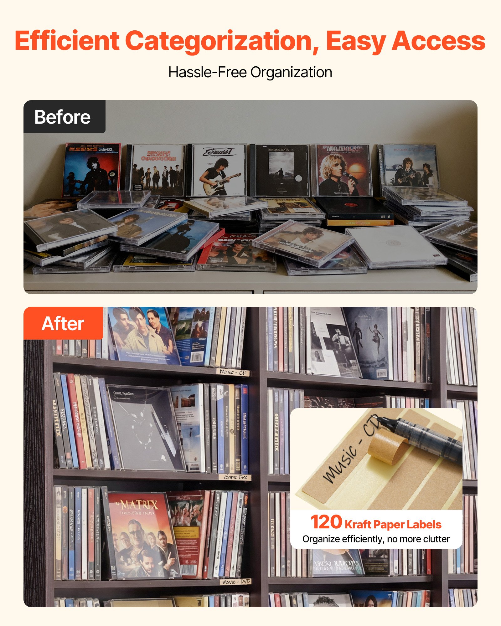 Półka na DVD VEVOR z 24 przegródkami (8 poziomów), półka na multimedia, wolnostojąca półka 142 x 22 x 130 cm, oszczędzająca miejsce półka do przechowywania płyt CD, DVD, książek, płyt z grami, regał na książki do salonu/biura domowego, brązowa