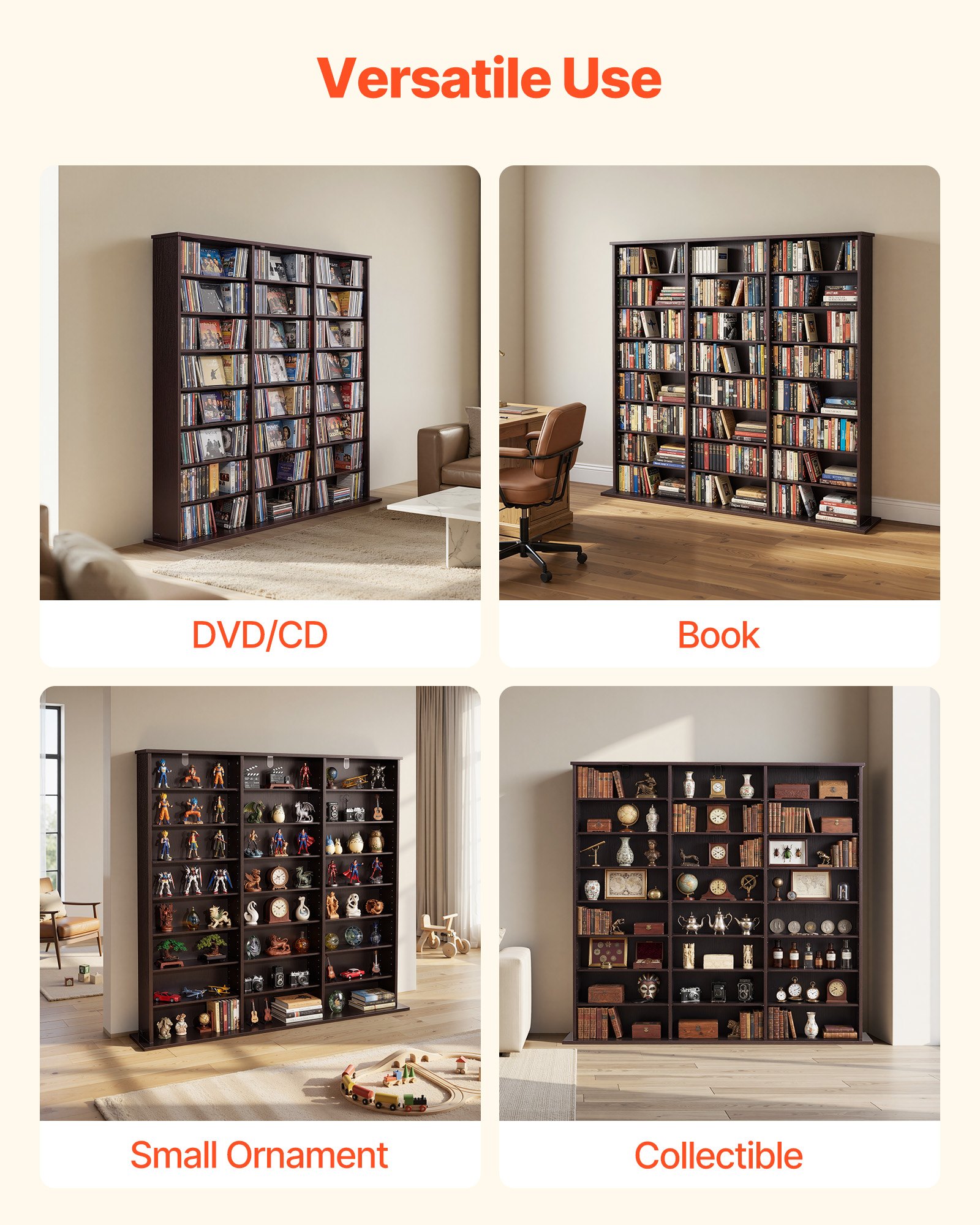 Półka na DVD VEVOR z 24 przegródkami (8 poziomów), półka na multimedia, wolnostojąca półka 142 x 22 x 130 cm, oszczędzająca miejsce półka do przechowywania płyt CD, DVD, książek, płyt z grami, regał na książki do salonu/biura domowego, brązowa