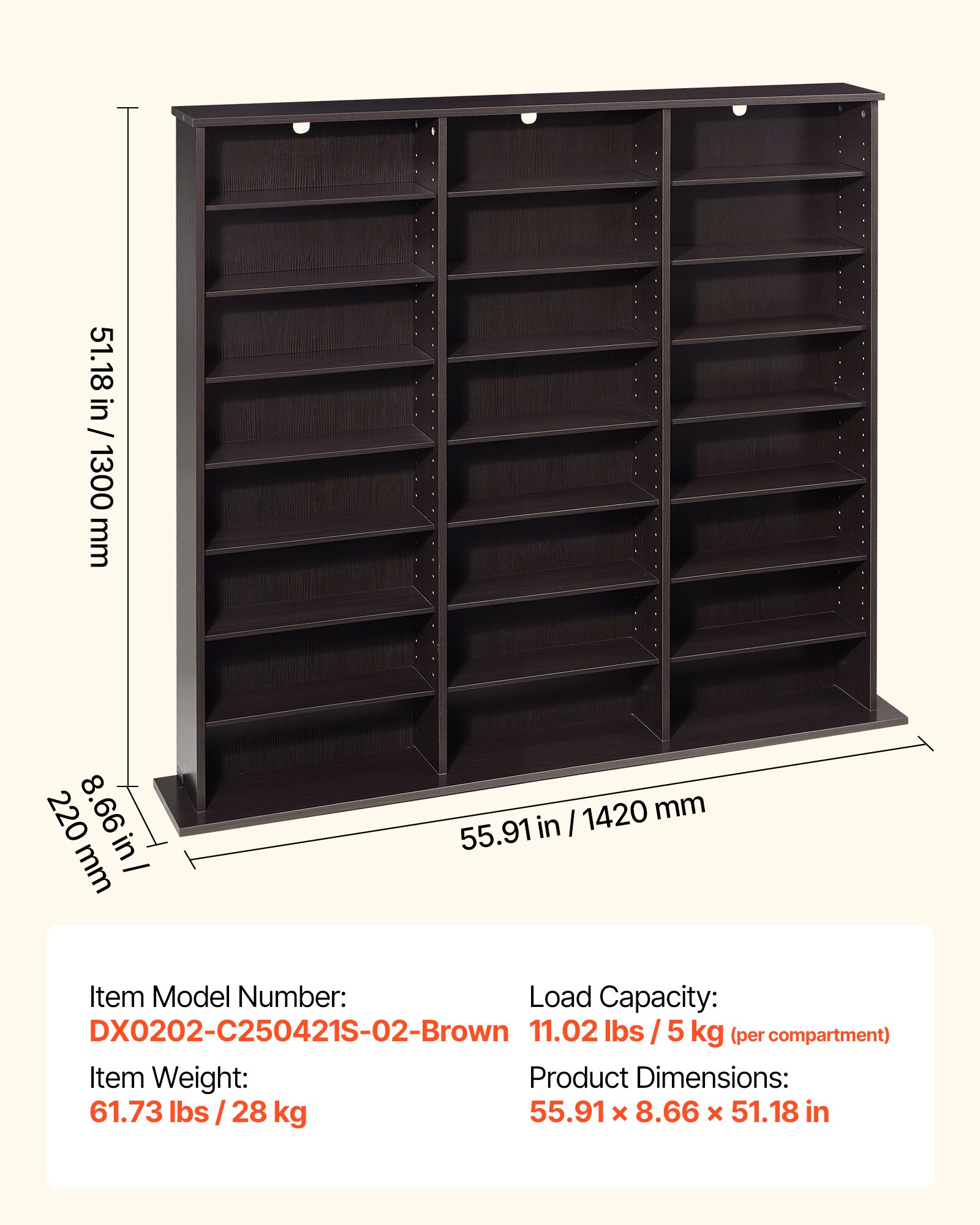 Półka na DVD VEVOR z 24 przegródkami (8 poziomów), półka na multimedia, wolnostojąca półka 142 x 22 x 130 cm, oszczędzająca miejsce półka do przechowywania płyt CD, DVD, książek, płyt z grami, regał na książki do salonu/biura domowego, brązowa