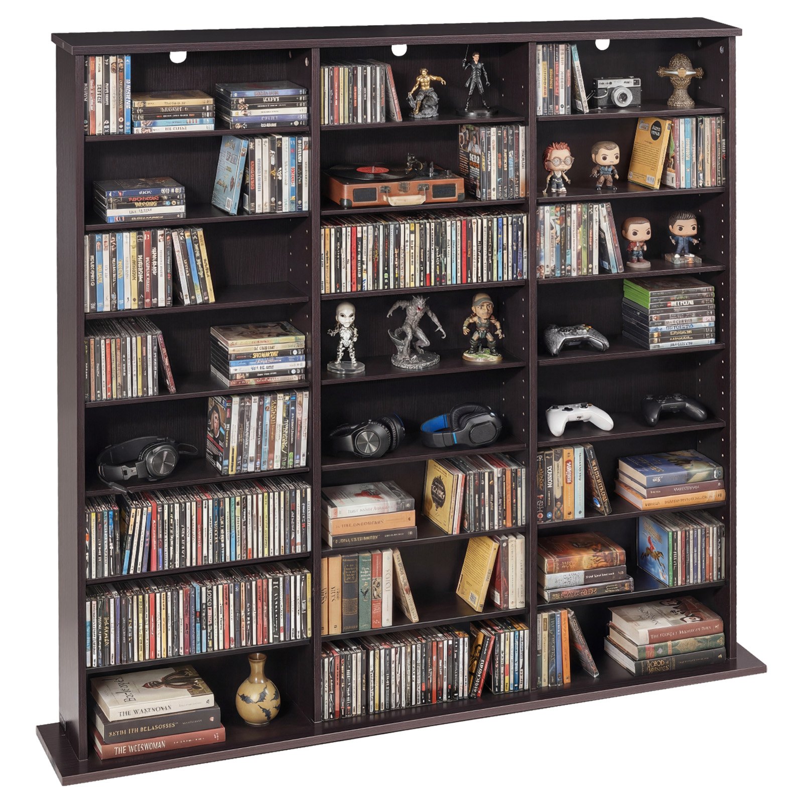 Półka na DVD VEVOR z 24 przegródkami (8 poziomów), półka na multimedia, wolnostojąca półka 142 x 22 x 130 cm, oszczędzająca miejsce półka do przechowywania płyt CD, DVD, książek, płyt z grami, regał na książki do salonu/biura domowego, brązowa