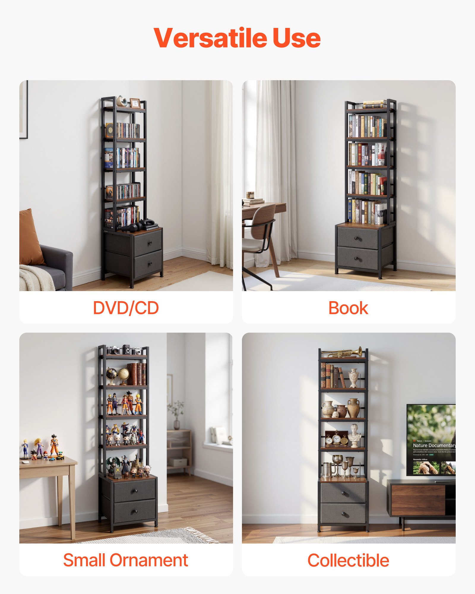 Półka na DVD VEVOR z 4 półkami i 2 szufladami, półka na multimedia, wolnostojąca półka 400 x 300 x 1435 mm, oszczędzająca miejsce półka do przechowywania płyt CD, DVD, książek, gier, do salonu, biura domowego, w kolorze czarnym