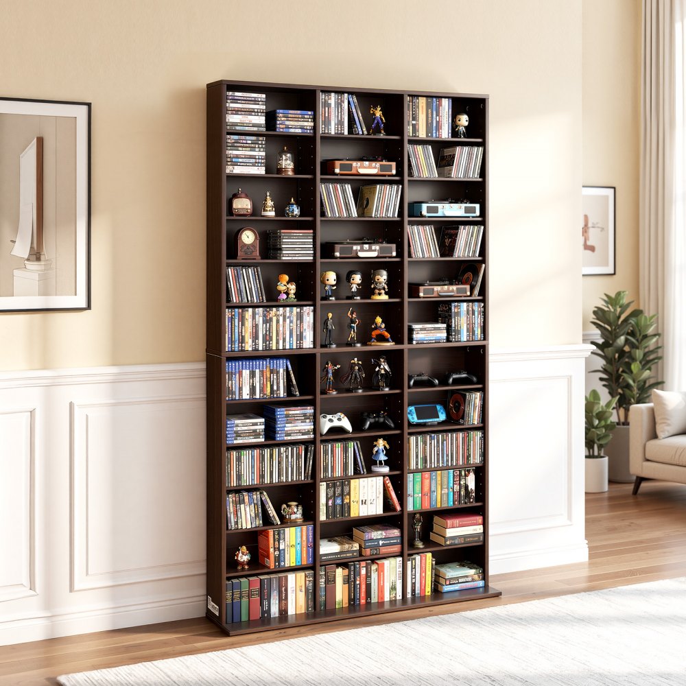 Półka na sprzęt multimedialny VEVOR, 1018 x 231 x 1810 mm, regał ścienny z 12 półkami, 36 przegródkami na płyty CD, DVD, książki i gry, regał na płyty CD do salonu, biura domowego, studia nagrań