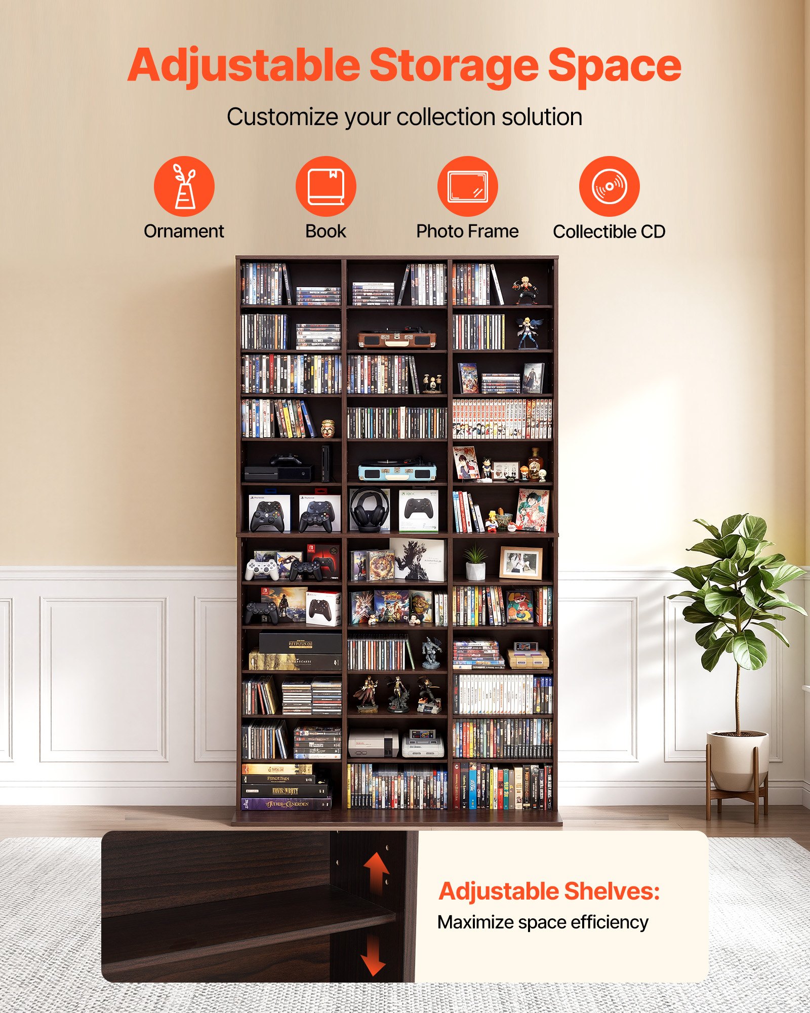 Półka na sprzęt multimedialny VEVOR, 1018 x 231 x 1810 mm, regał ścienny z 12 półkami, 36 przegródkami na płyty CD, DVD, książki i gry, regał na płyty CD do salonu, biura domowego, studia nagrań