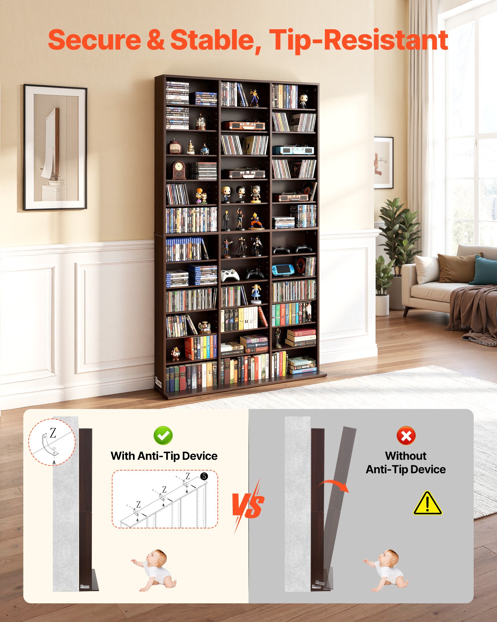 Półka na sprzęt multimedialny VEVOR, 1018 x 231 x 1810 mm, regał ścienny z 12 półkami, 36 przegródkami na płyty CD, DVD, książki i gry, regał na płyty CD do salonu, biura domowego, studia nagrań