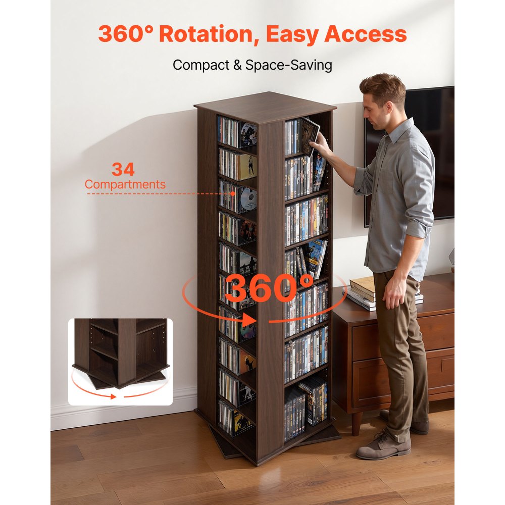 Półka na płyty CD VEVOR 475x475x1636 mm, wieża na płyty CD, obrotowa półka na książki z 34 przegródkami na płyty CD, DVD, książki i płyty z grami, stojak na płyty DVD do salonu, biura domowego i studia nagrań, brązowy