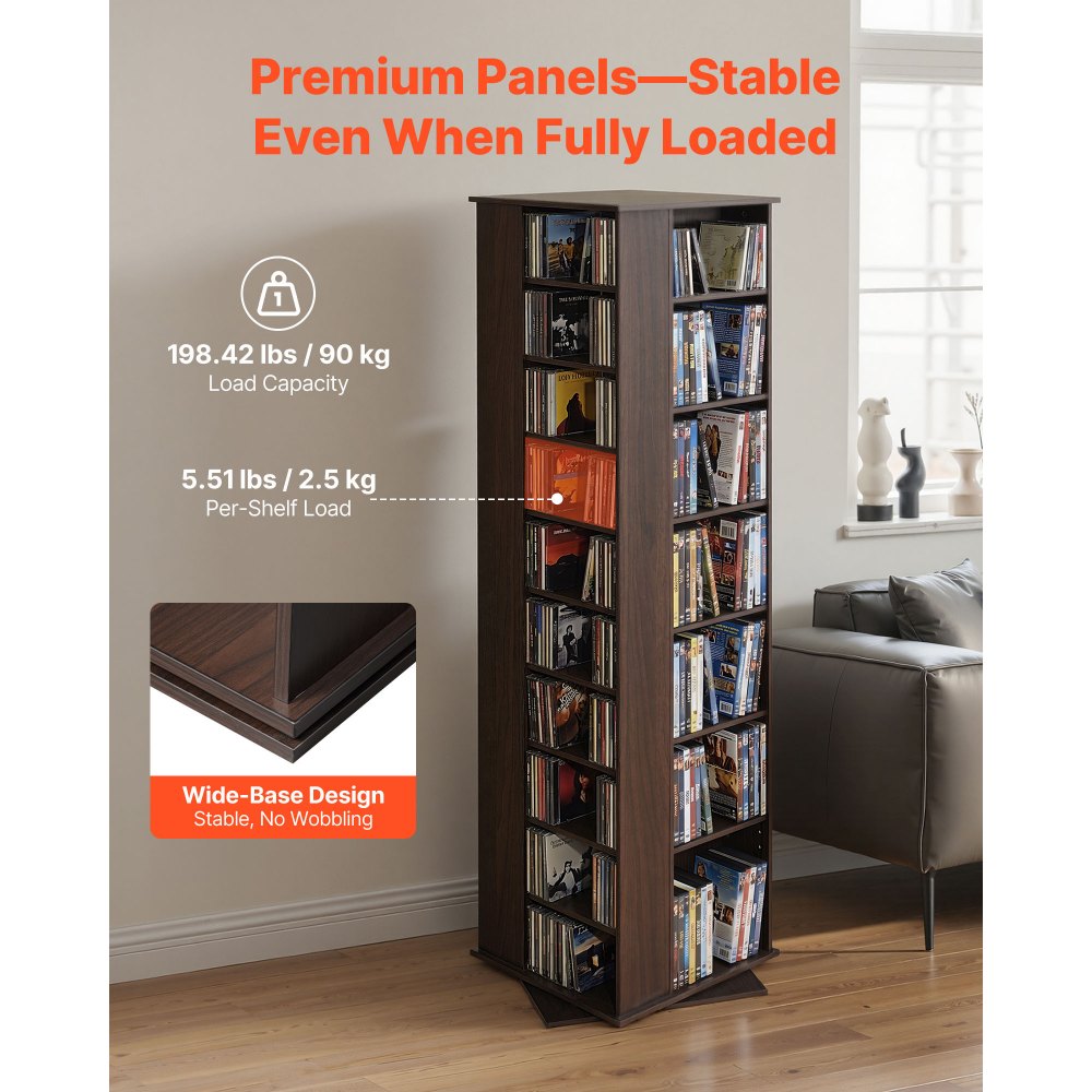 Półka na płyty CD VEVOR 475x475x1636 mm, wieża na płyty CD, obrotowa półka na książki z 34 przegródkami na płyty CD, DVD, książki i płyty z grami, stojak na płyty DVD do salonu, biura domowego i studia nagrań, brązowy