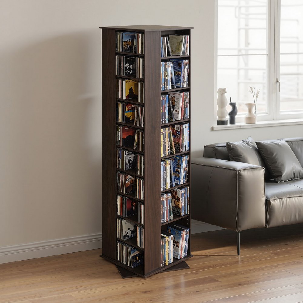 Półka na płyty CD VEVOR 475x475x1636 mm, wieża na płyty CD, obrotowa półka na książki z 34 przegródkami na płyty CD, DVD, książki i płyty z grami, stojak na płyty DVD do salonu, biura domowego i studia nagrań, brązowy