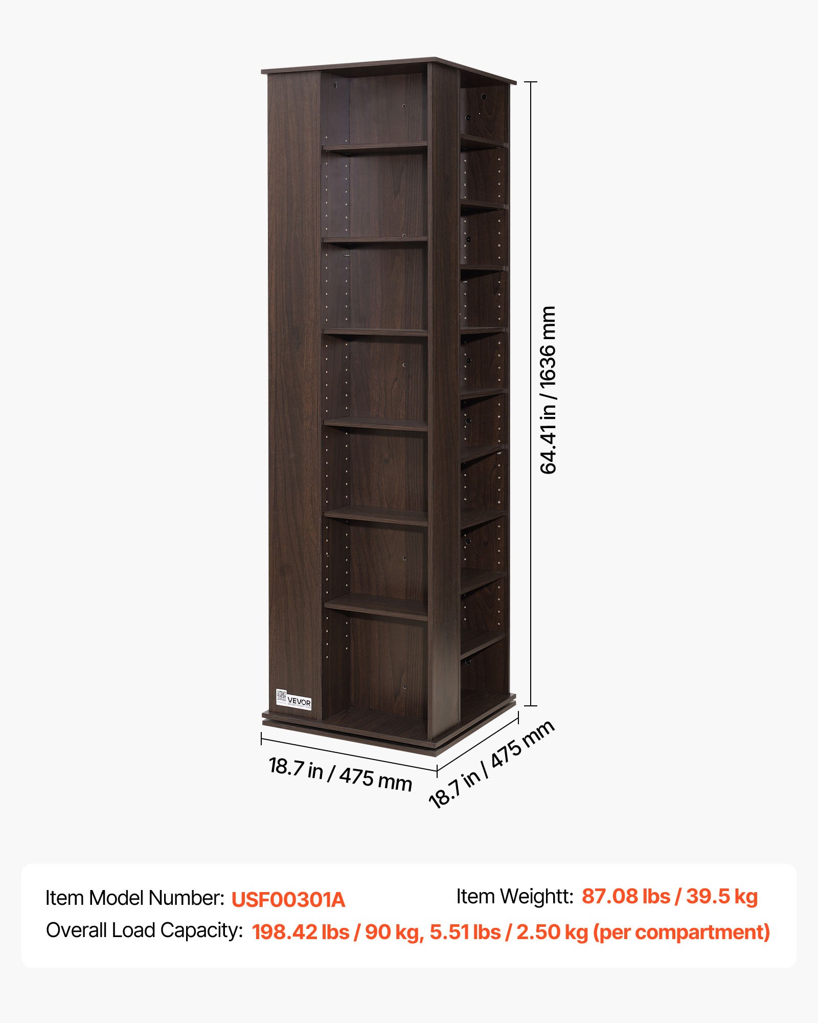 Półka na płyty CD VEVOR 475x475x1636 mm, wieża na płyty CD, obrotowa półka na książki z 34 przegródkami na płyty CD, DVD, książki i płyty z grami, stojak na płyty DVD do salonu, biura domowego i studia nagrań, brązowy