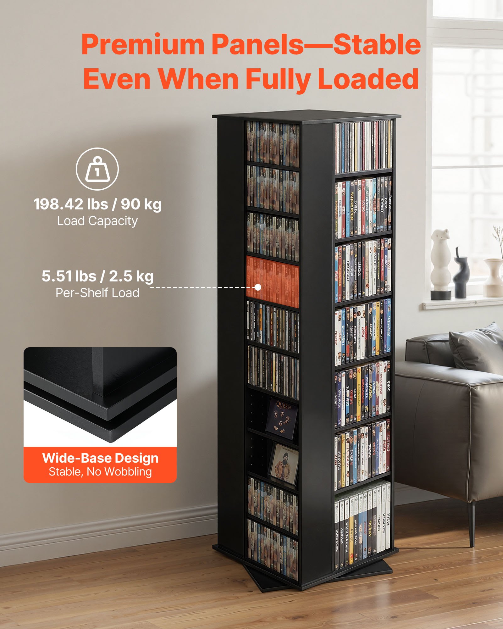 VEVOR Media Storage Cabinet, CD Rack Tower, 34 Compartments Rotating Media Tower Rack for CDs, DVDs, Books and Game Discs, DVD Stand for Living Room, Home Office and Recording Room, Black