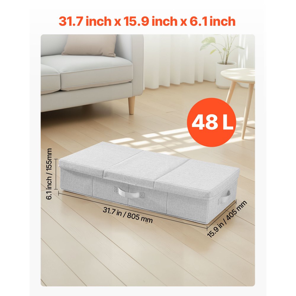 VEVOR Under Bed Storage with Lids, 805 x 405 x 155 mm, 48L Large Underbed Clothes Storage Containers, Low Profile Gray Under Bed Drawer Shoe Organizer Bins Box for Blanket Shoe Bedroom, 2 Pack