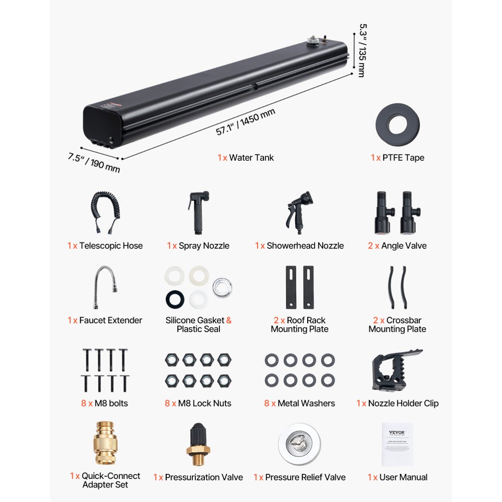 Zbiornik na wodę VEVOR na bagażnik dachowy do pojazdów, 26,5 l, z 2 osłonami przeciwbryzgowymi i rowkiem w kształcie litery T, aluminiowy zbiornik z przyłączem wysokociśnieniowym, do bagażników, pałąków bezpieczeństwa i poprzeczek