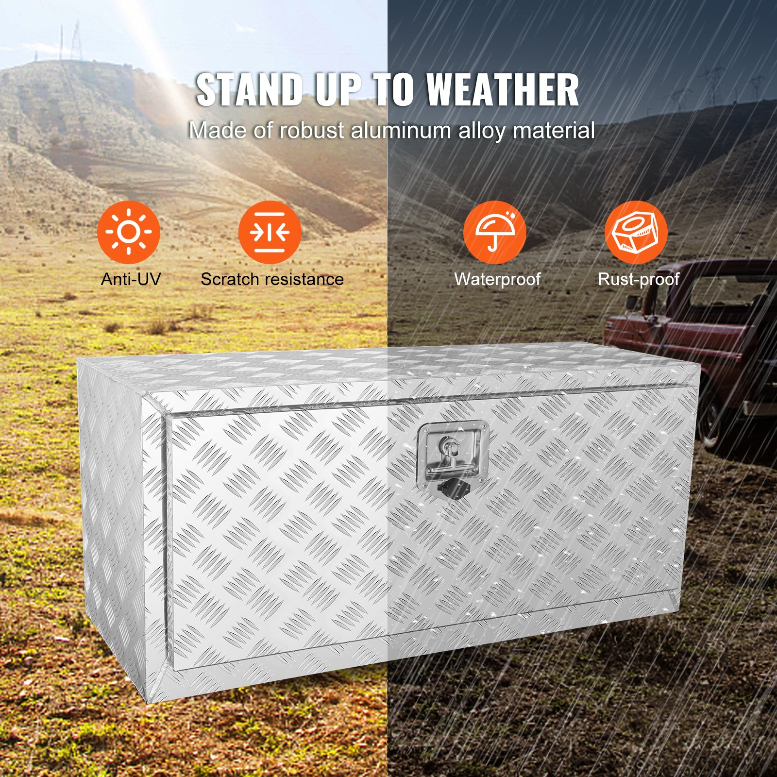 Skrzynia narzędziowa VEVOR do samochodów ciężarowych, skrzynia narzędziowa do przyczepy, 914x430x460 mm, skrzynia narzędziowa z aluminiowej płyty diamentowej z zamkiem i kluczami, wodoodporna skrzynia narzędziowa do przyczepy