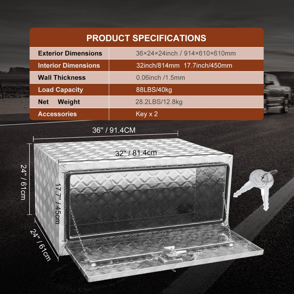 Skrzynia ładunkowa VEVOR do transportu podwozia ciężarówki, 914 x 610 x 610 mm, aluminiowa skrzynia narzędziowa z diamentową płytą, z zamkiem i kluczykami, wodoodporna skrzynia ładunkowa do przyczepy z blokadą w kształcie litery T