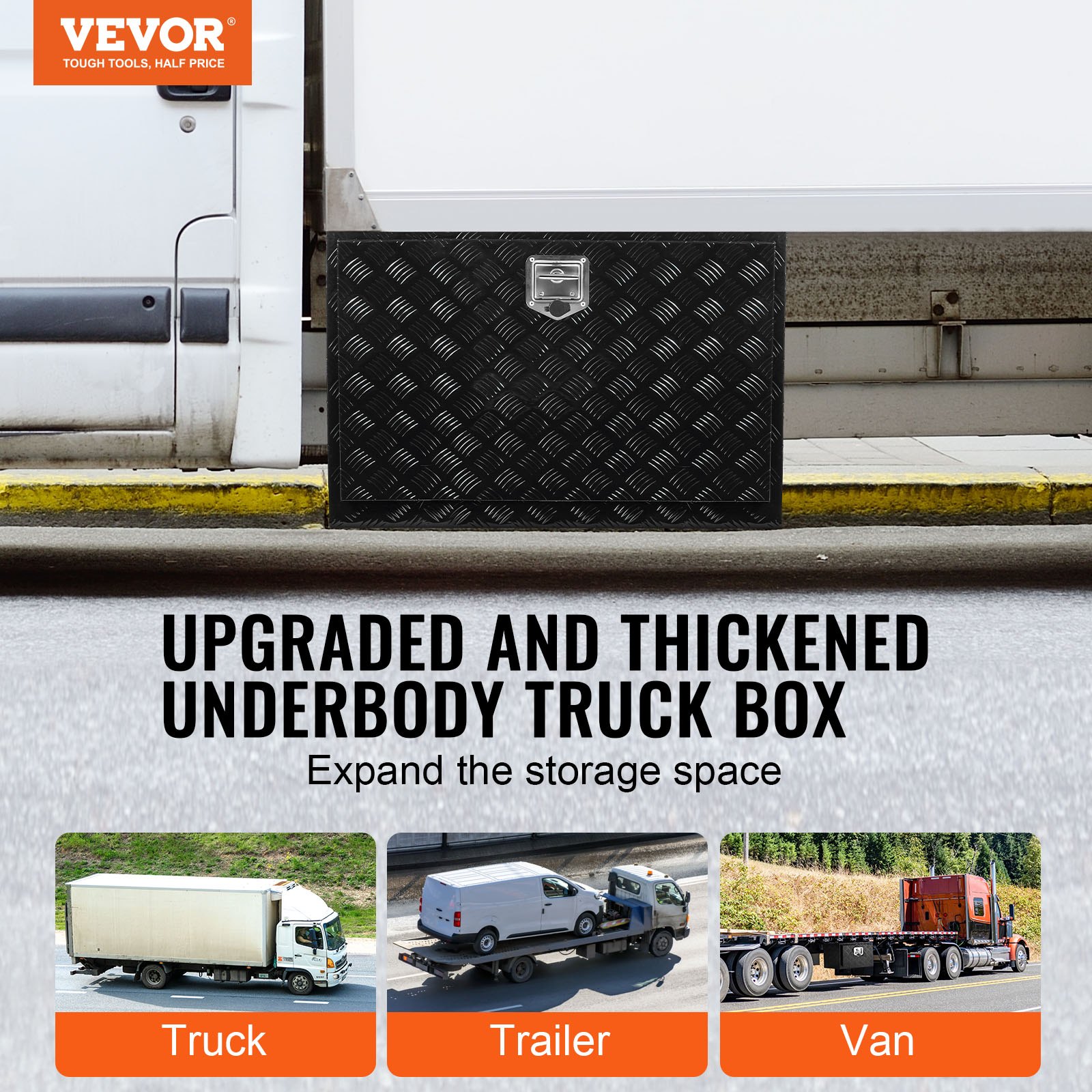 Skrzynia narzędziowa VEVOR Truckbox, skrzynia podwoziowa przyczepy, skrzynia narzędziowa 1219 x 610 x 610 mm, skrzynia do przechowywania w samochodzie dostawczym, stop aluminium, ładowność 50 kg, zamykana skrzynia do przechowywania