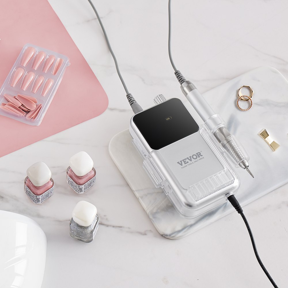 Wiertarka do paznokci VEVOR z bezszczotkowym silnikiem o wysokim momencie obrotowym 35000 obr./min, akumulatorowy pilnik do paznokci z 6 bitami i 50-częściową taśmą ścierną do paznokci akrylowo-żelowych, narzędzie do manicure i pedicure
