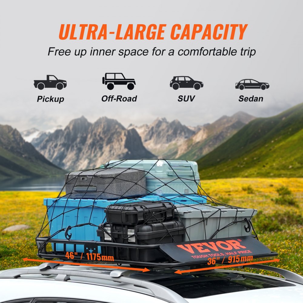 VEVOR Roof Rack Basket Car Roof Basket Universal 1175 x 915 x 114 mm, Roof Rack Tray 90 kg Load Capacity Roof Rail Carrier Cargo Luggage Tray Black for Camping, Barbecues, Car Trips etc.