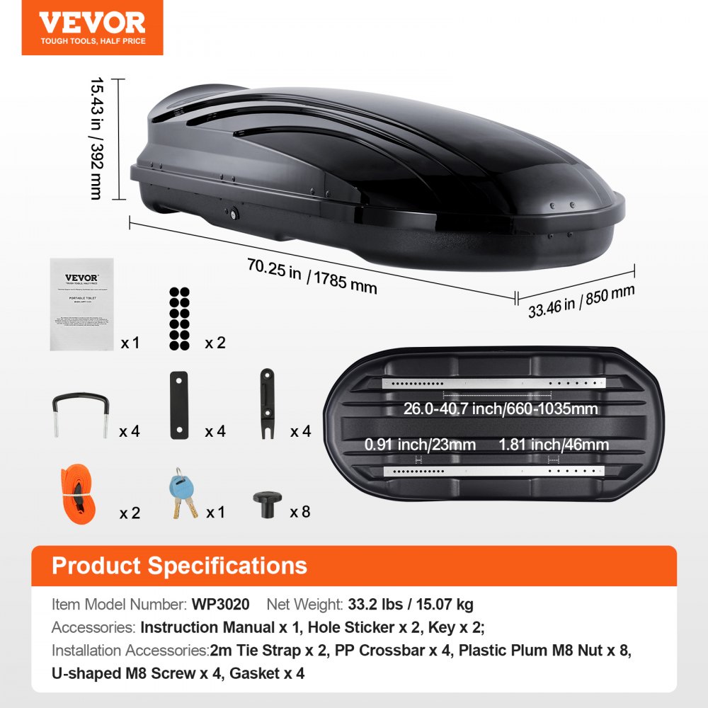 VEVOR Box dachowy, bagażnik dachowy, 340 l, z twardą skorupą ABS, otwierany z obu stron i 2 wzmocnionymi paskami, bagażnik do samochodów kombi i SUV-ów